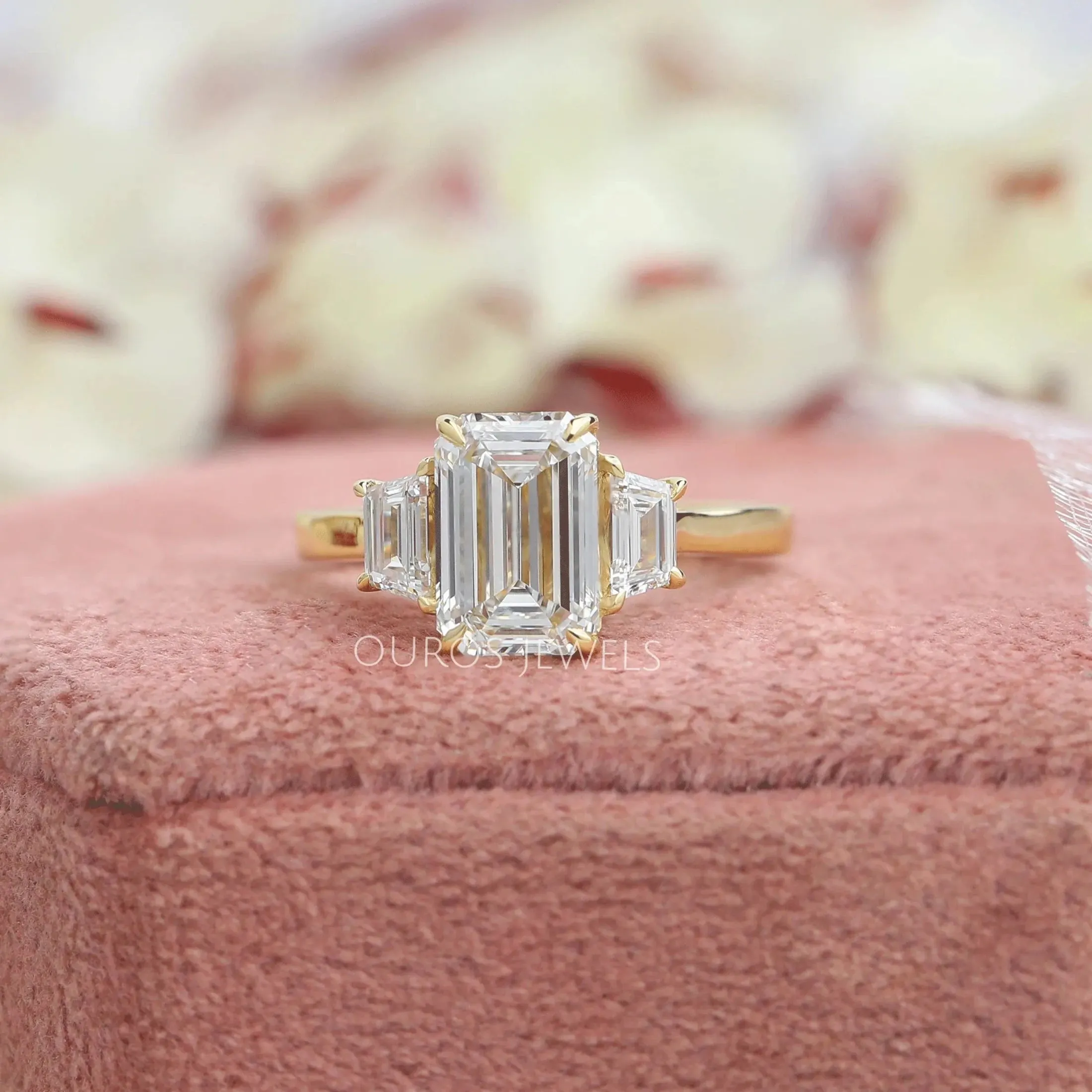 3 Stone Emerald Cut Lab Diamond Engagement Ring