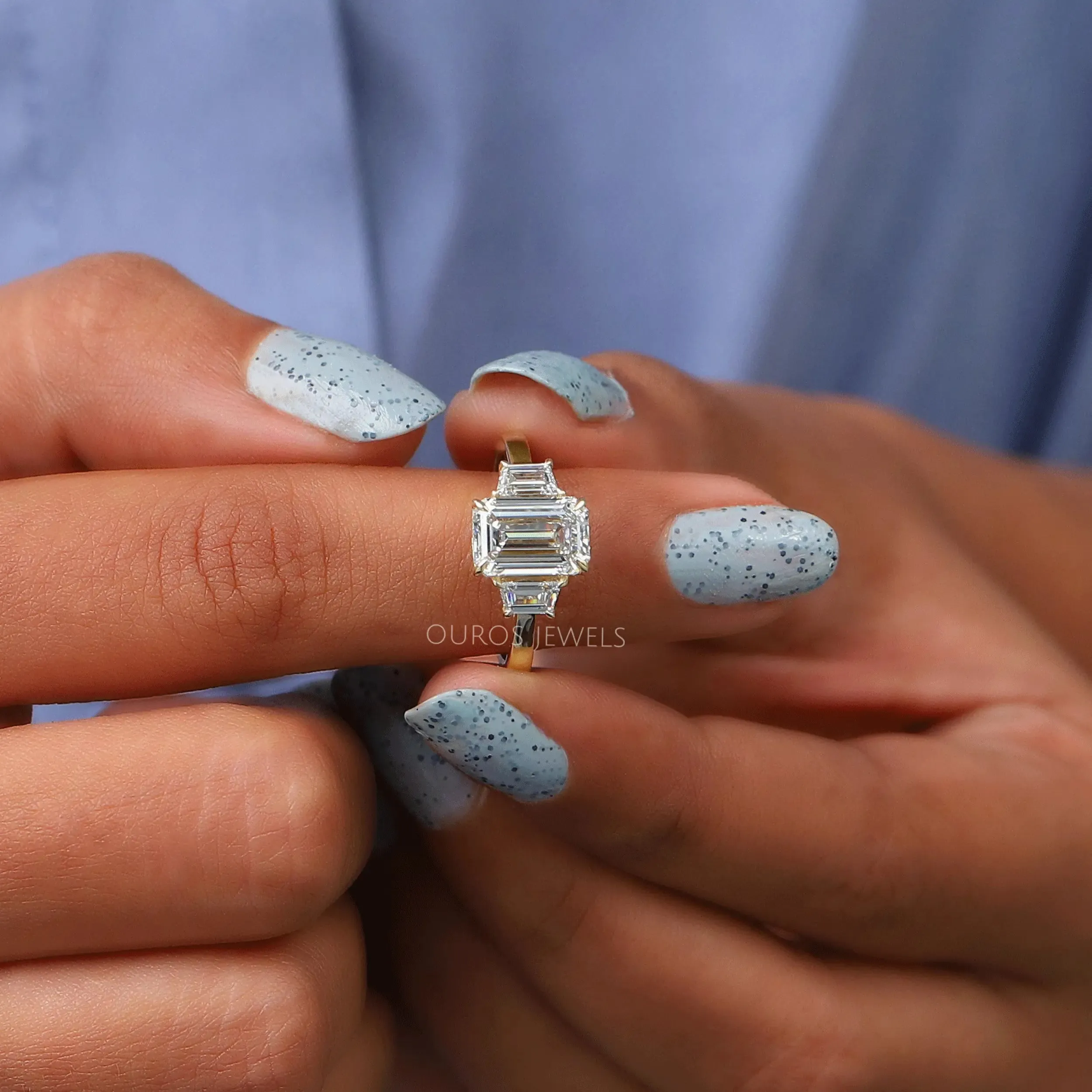 3 Stone Emerald Cut Lab Diamond Engagement Ring