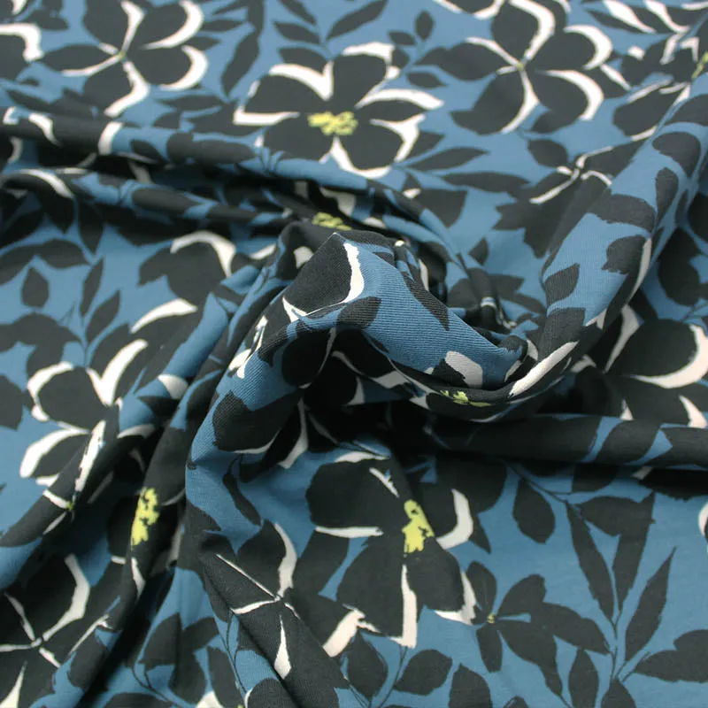 50CM REMNANT Dressmaking Cotton Elastane Jersey - Black Lily - Petrol Blue