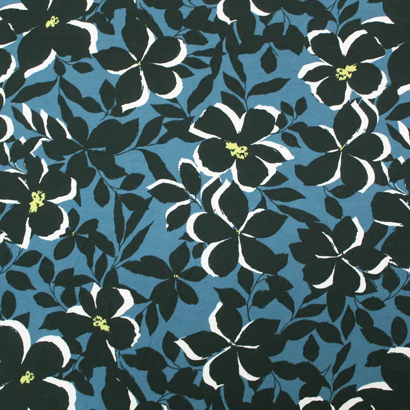 50CM REMNANT Dressmaking Cotton Elastane Jersey - Black Lily - Petrol Blue