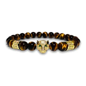 8mm Tigers Eye Stone Bracelet, Gold Leopard with Clear Zirconia