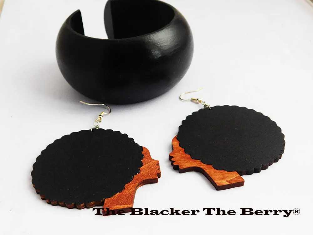 Afro Earrings Black Bangle Wooden Bracelets