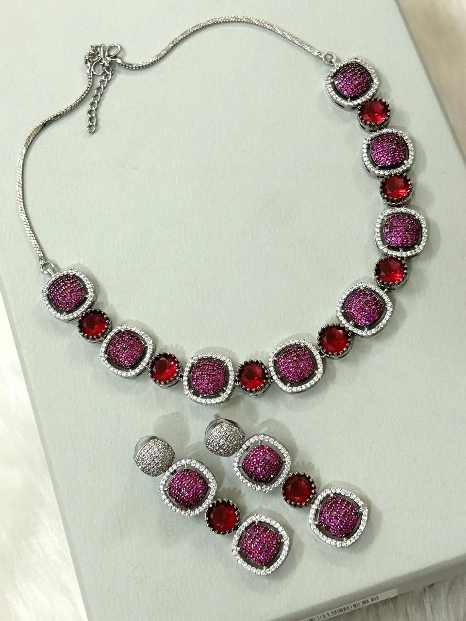 Alectrona , Micro setting rubies Red Zircon Diamond single layer necklace with matching pair of earrings in platinum finish-LR00