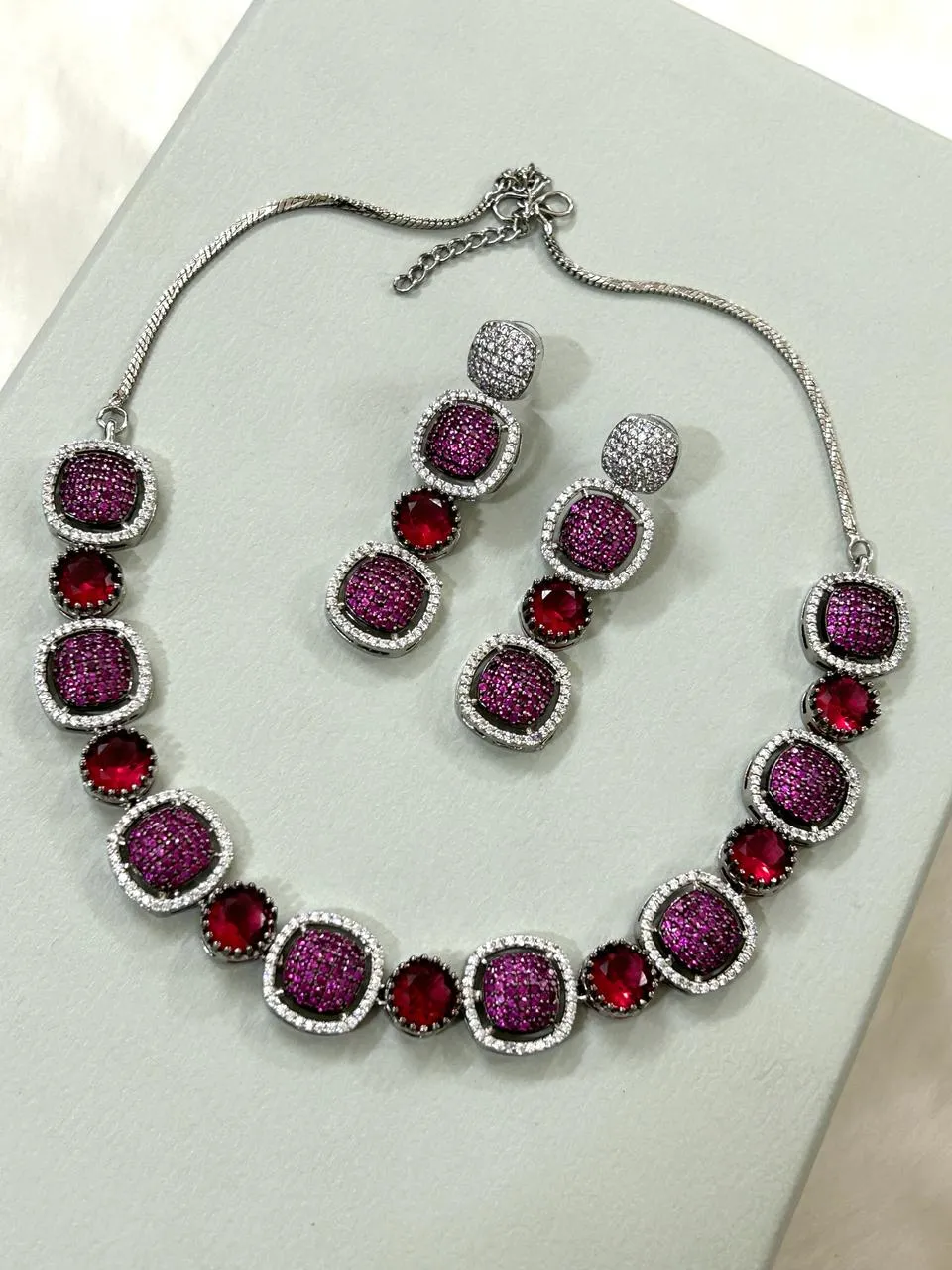 Alectrona , Micro setting rubies Red Zircon Diamond single layer necklace with matching pair of earrings in platinum finish-LR00