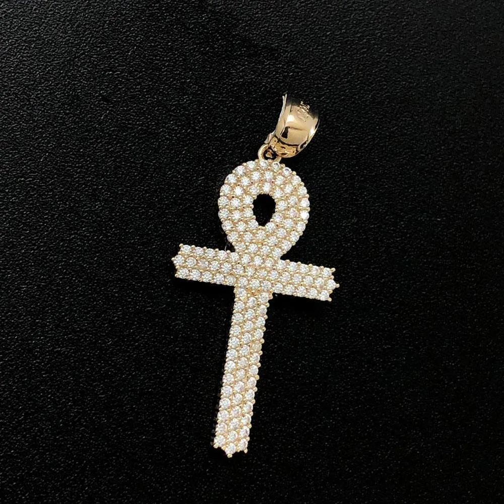 Anhk Cross Triple Row CZ 10K Yellow Gold Pendant