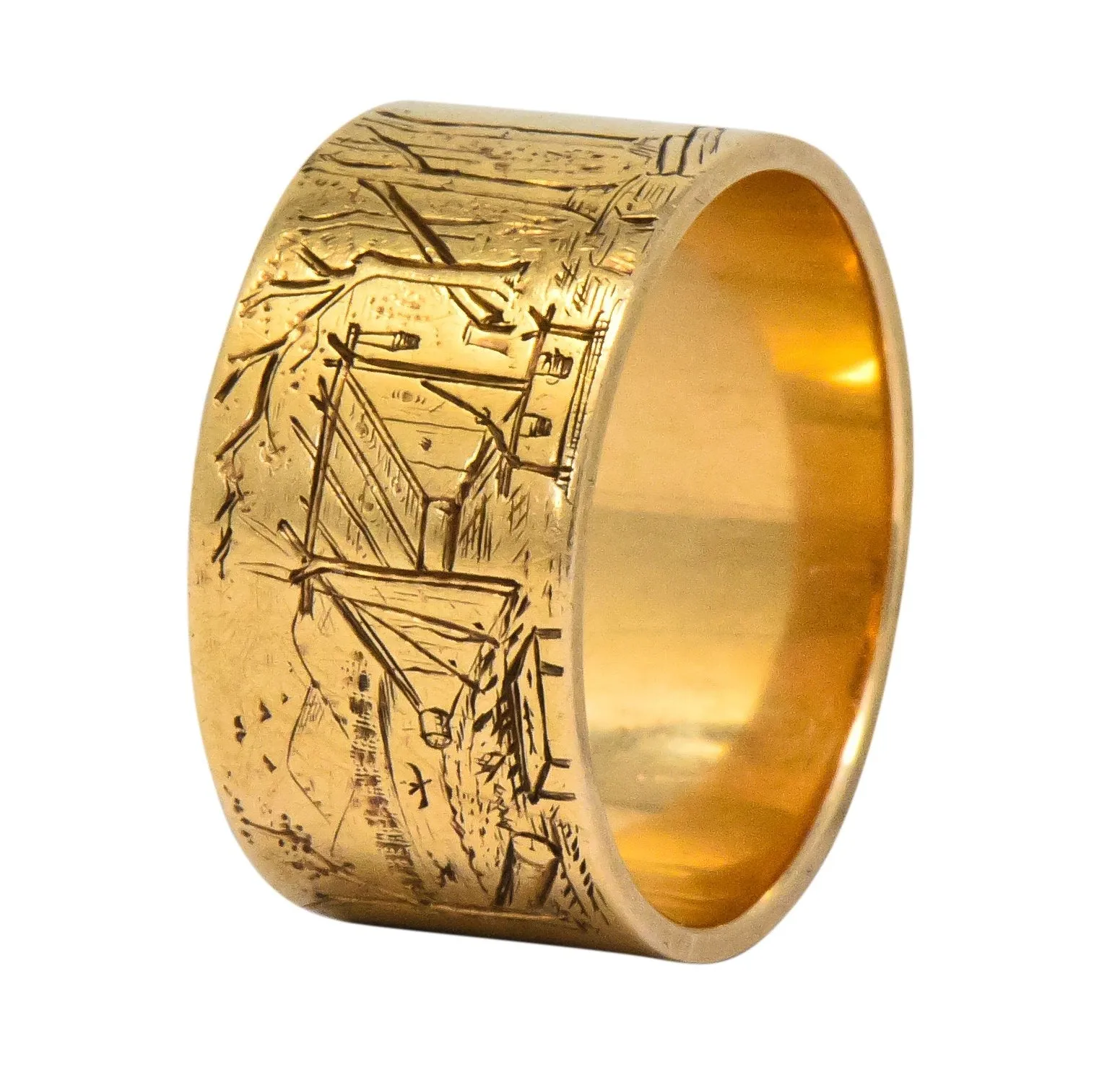 Antique 14 Karat Gold Etched Scenic Band Ring