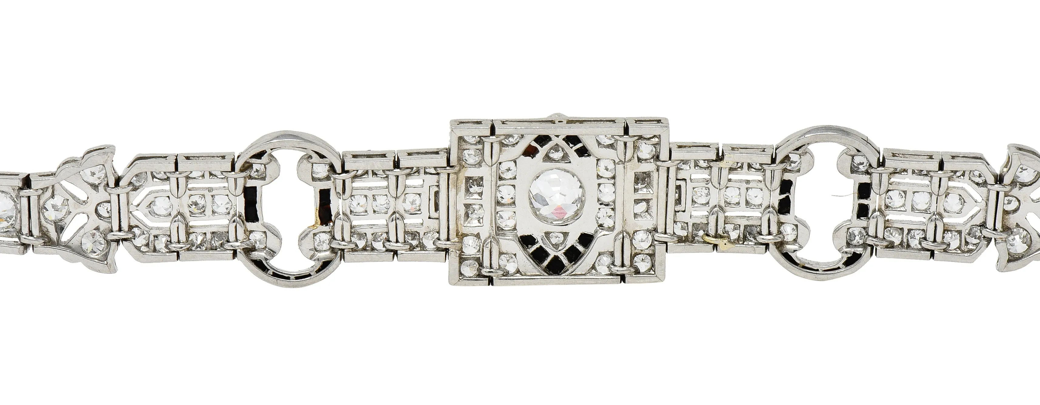 Art Deco 7.86 CTW Old European & Mine Cut Diamond Onyx Platinum Buckle Line Bracelet