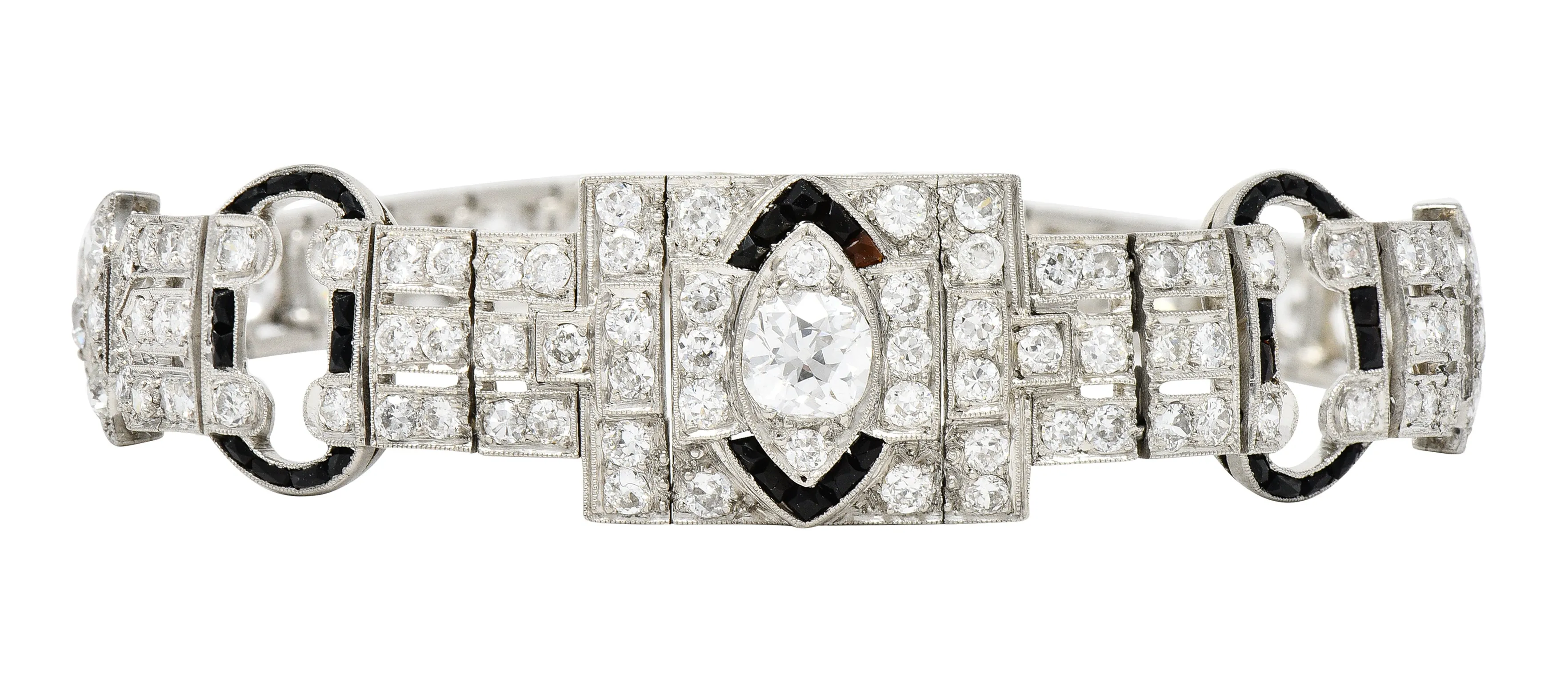 Art Deco 7.86 CTW Old European & Mine Cut Diamond Onyx Platinum Buckle Line Bracelet