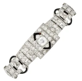 Art Deco 7.86 CTW Old European & Mine Cut Diamond Onyx Platinum Buckle Line Bracelet