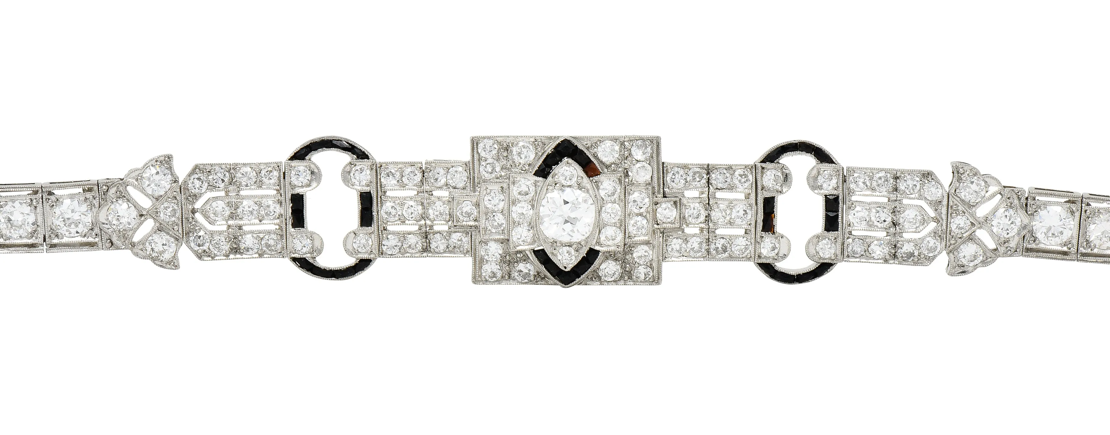 Art Deco 7.86 CTW Old European & Mine Cut Diamond Onyx Platinum Buckle Line Bracelet