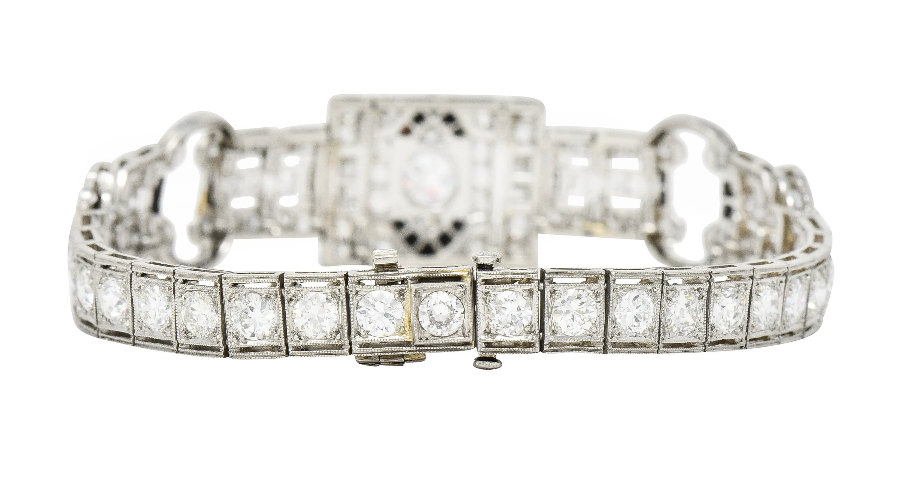 Art Deco 7.86 CTW Old European & Mine Cut Diamond Onyx Platinum Buckle Line Bracelet