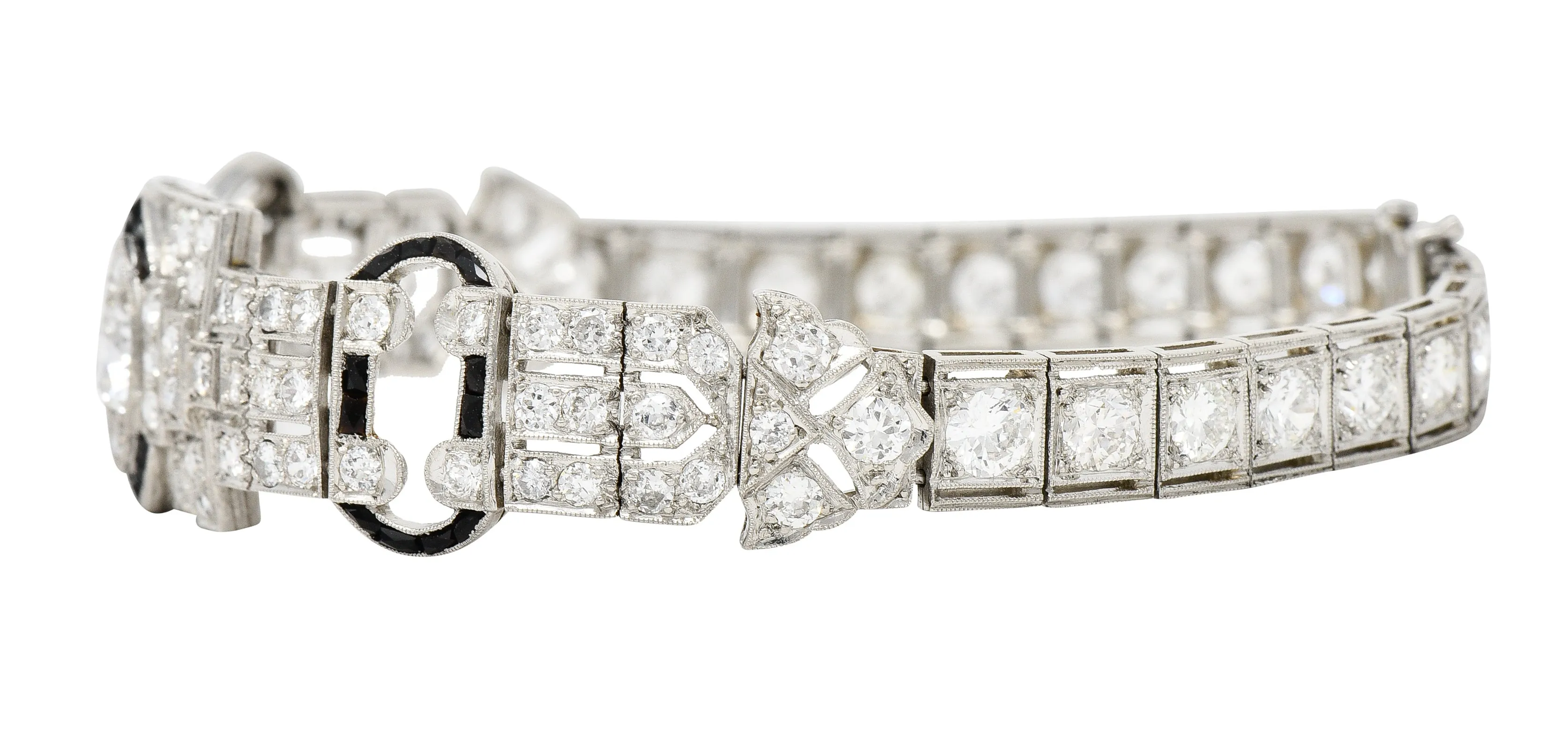 Art Deco 7.86 CTW Old European & Mine Cut Diamond Onyx Platinum Buckle Line Bracelet