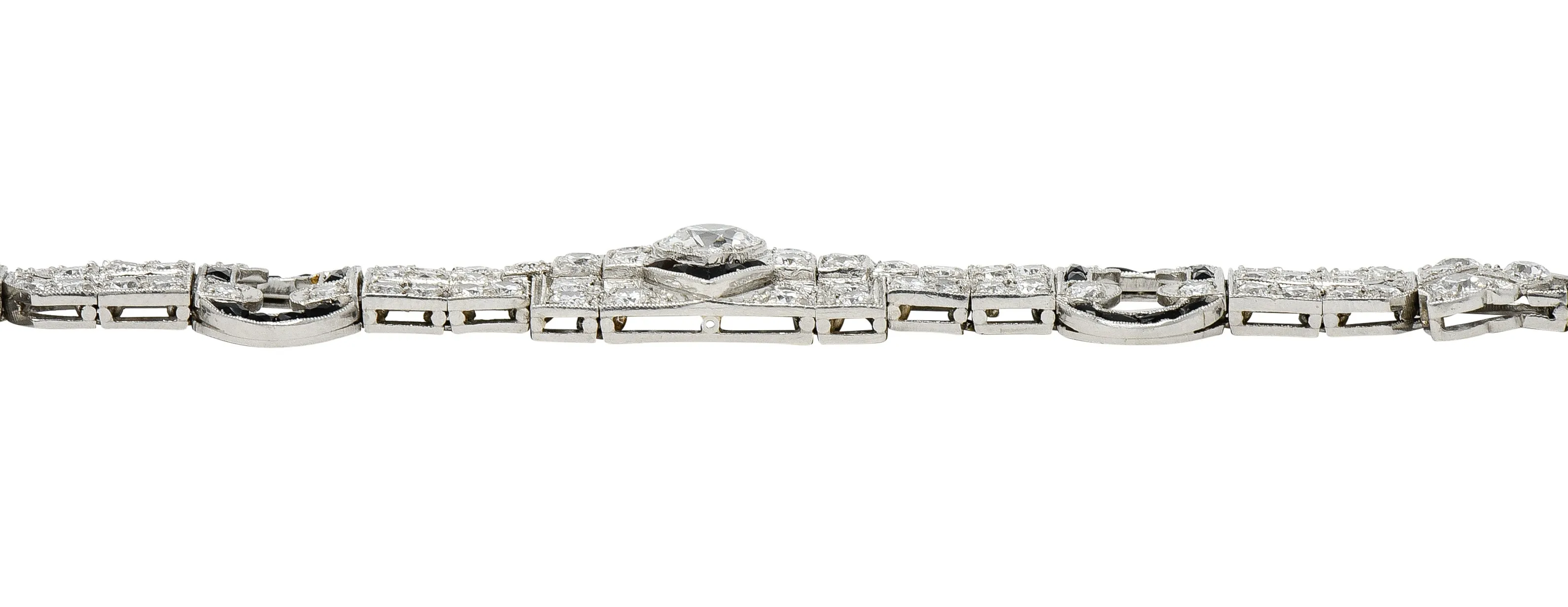 Art Deco 7.86 CTW Old European & Mine Cut Diamond Onyx Platinum Buckle Line Bracelet