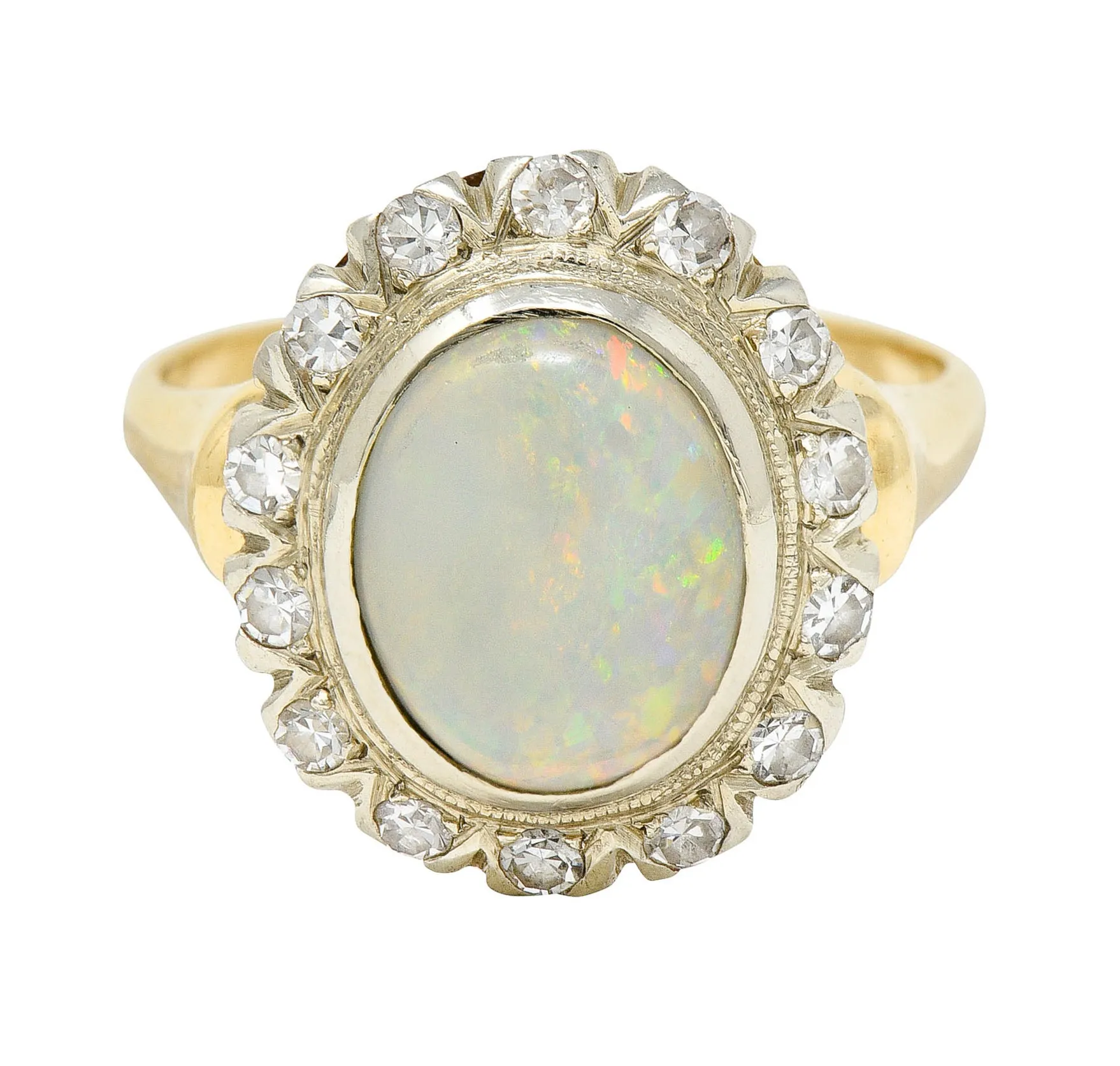 Art Deco Jelly Opal Diamond 14 Karat Two-Tone Gold Cluster Ring