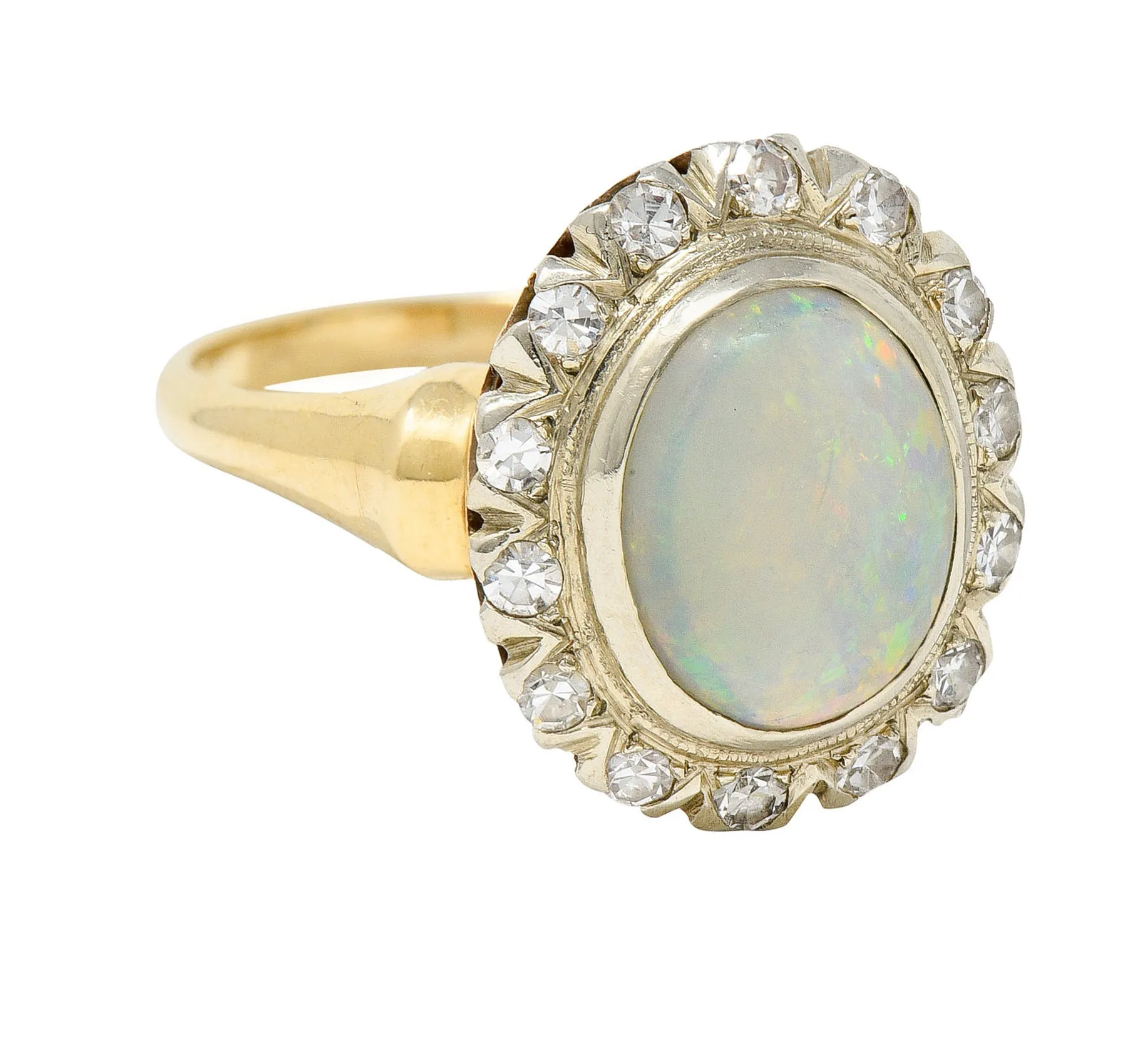 Art Deco Jelly Opal Diamond 14 Karat Two-Tone Gold Cluster Ring