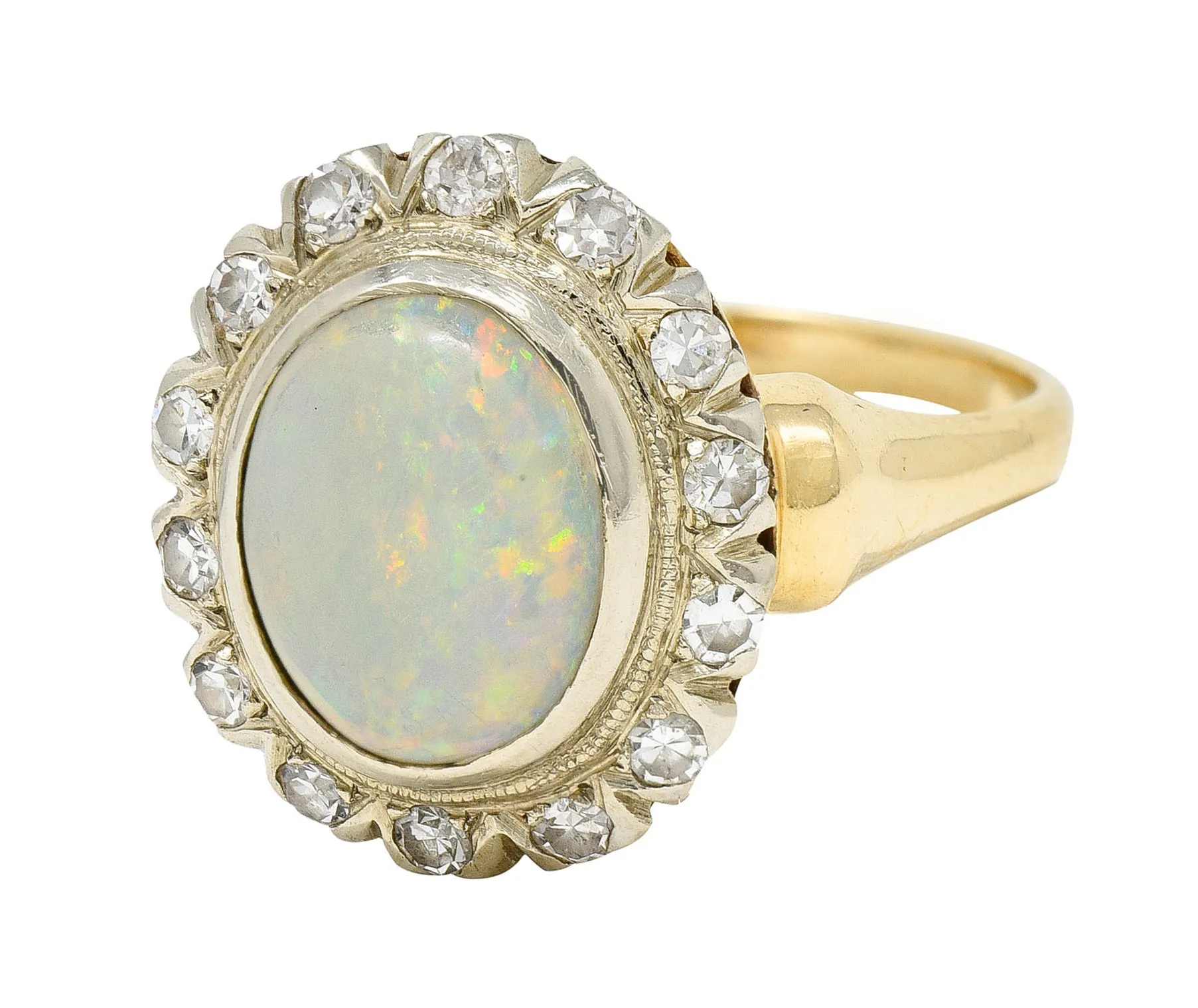 Art Deco Jelly Opal Diamond 14 Karat Two-Tone Gold Cluster Ring