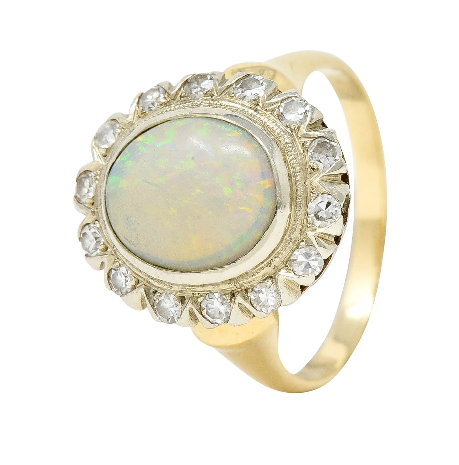 Art Deco Jelly Opal Diamond 14 Karat Two-Tone Gold Cluster Ring