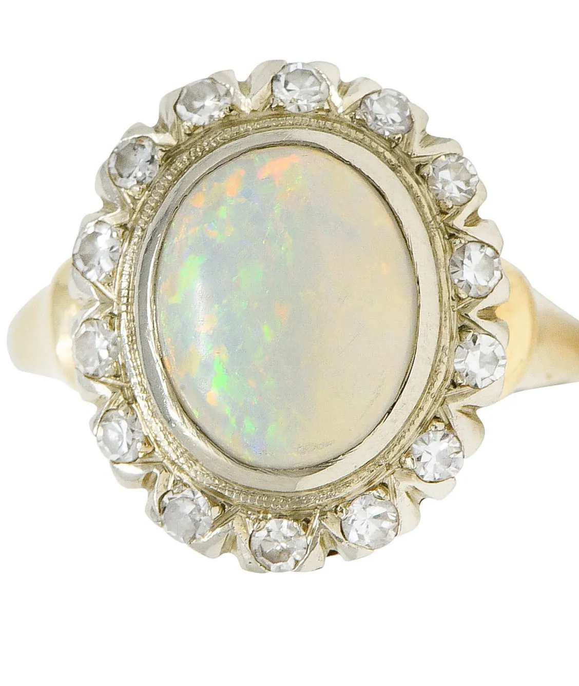 Art Deco Jelly Opal Diamond 14 Karat Two-Tone Gold Cluster Ring