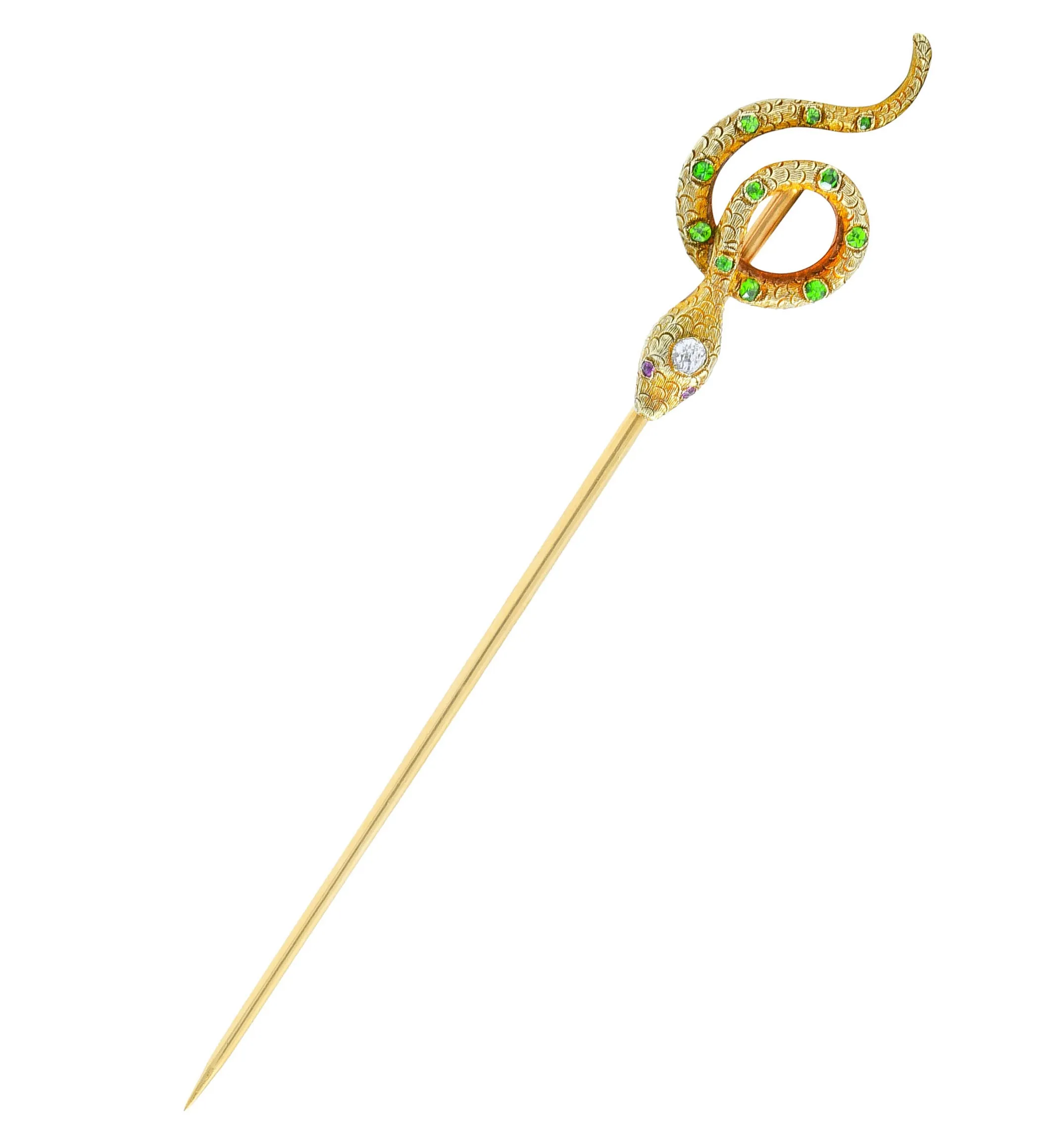 Art Nouveau Diamond Demantoid Garnet 18 Karat Gold Snake Stickpin