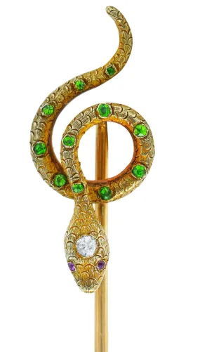 Art Nouveau Diamond Demantoid Garnet 18 Karat Gold Snake Stickpin