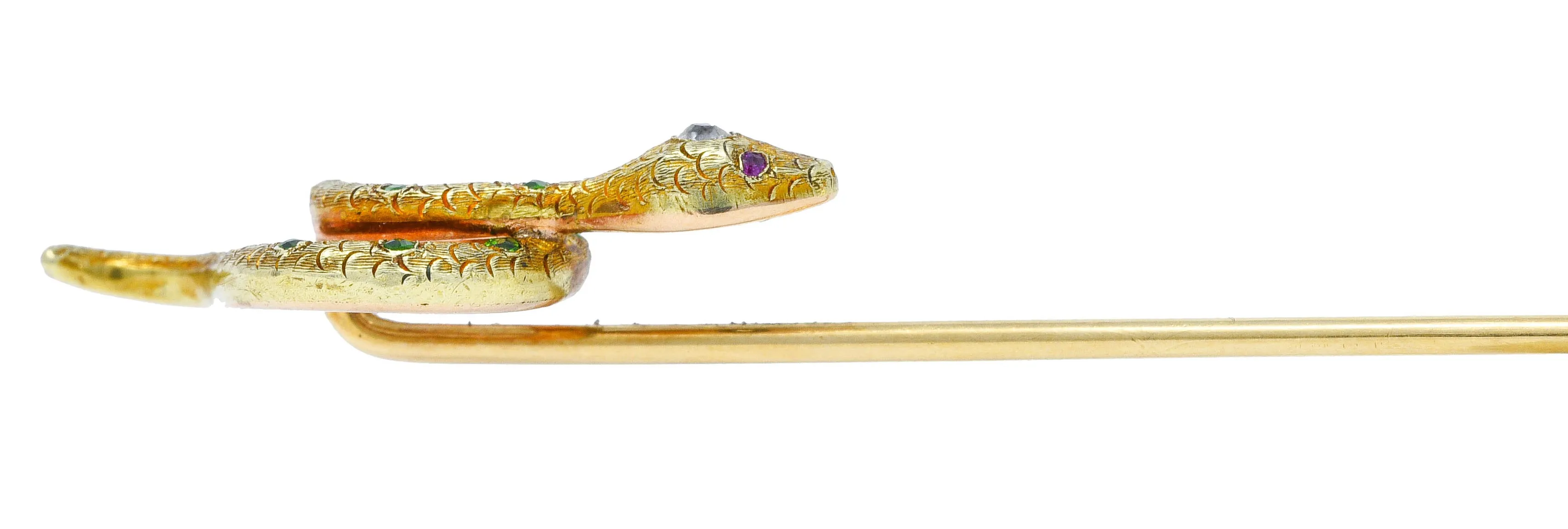 Art Nouveau Diamond Demantoid Garnet 18 Karat Gold Snake Stickpin