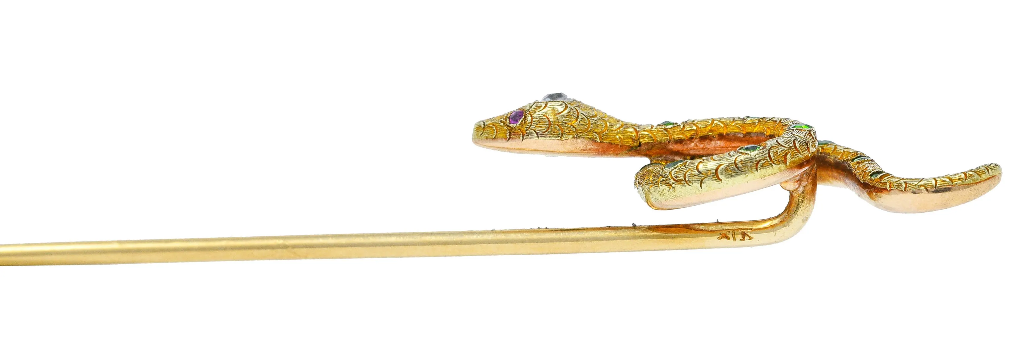 Art Nouveau Diamond Demantoid Garnet 18 Karat Gold Snake Stickpin