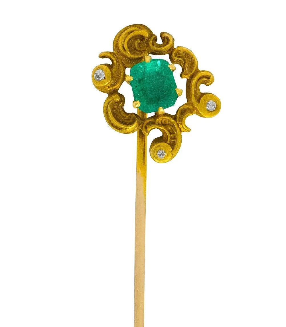 Art Nouveau Emerald Diamond Paisley Whiplash Stickpin