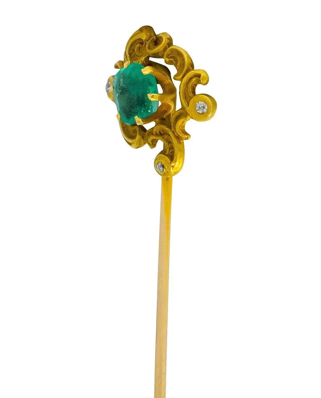 Art Nouveau Emerald Diamond Paisley Whiplash Stickpin