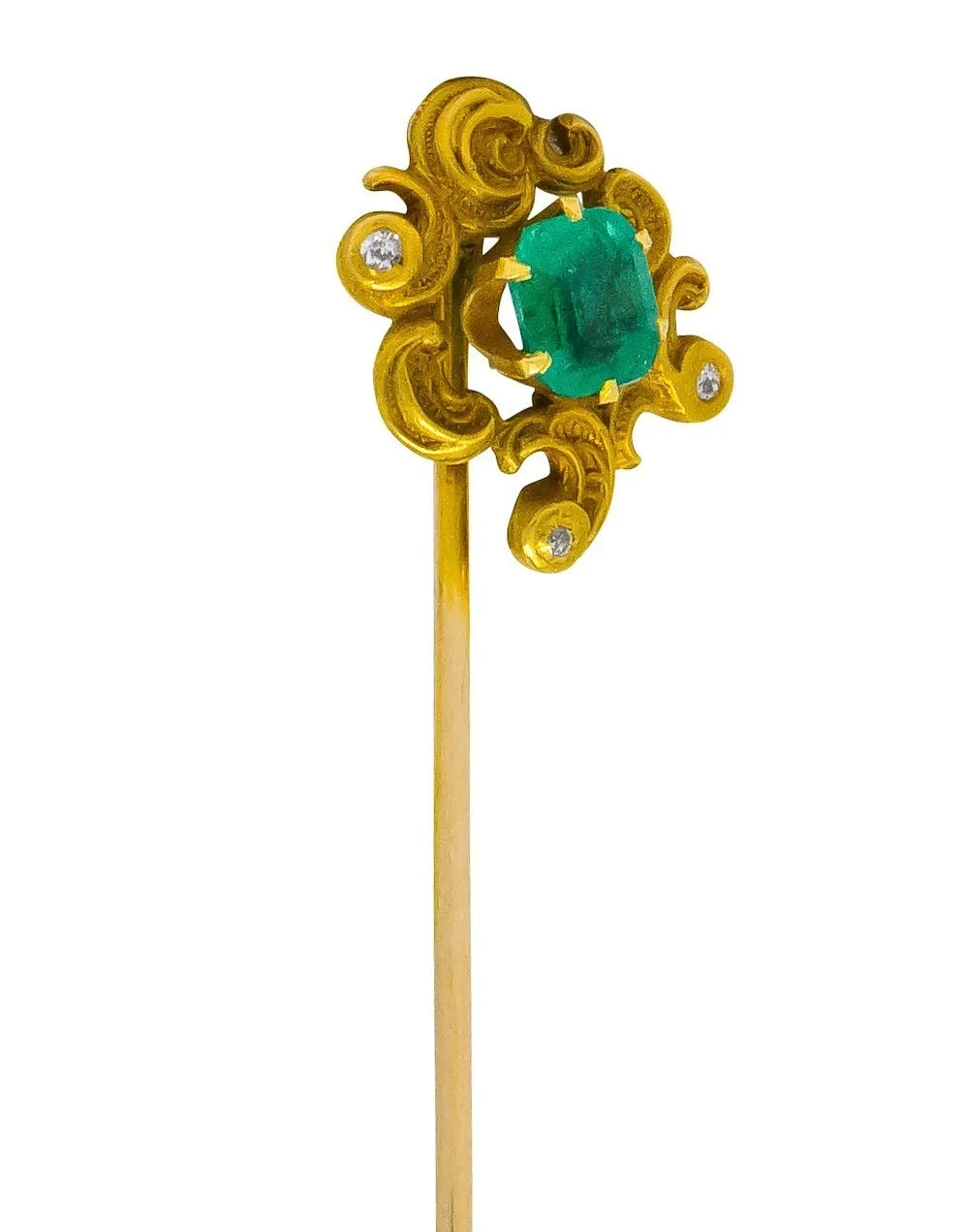 Art Nouveau Emerald Diamond Paisley Whiplash Stickpin