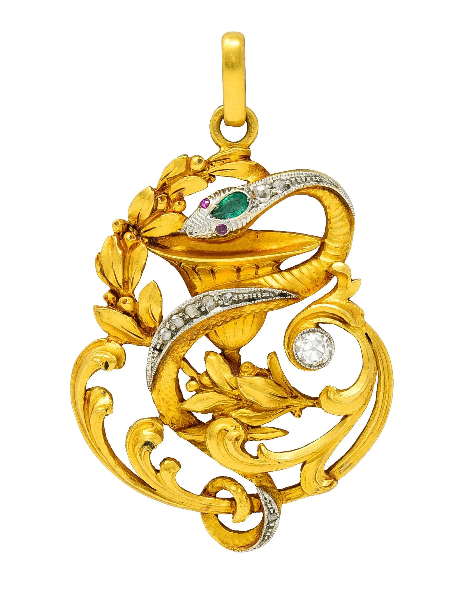 Art Nouveau Emerald Diamond Platinum-Topped 18 Karat Gold Snake Pendant