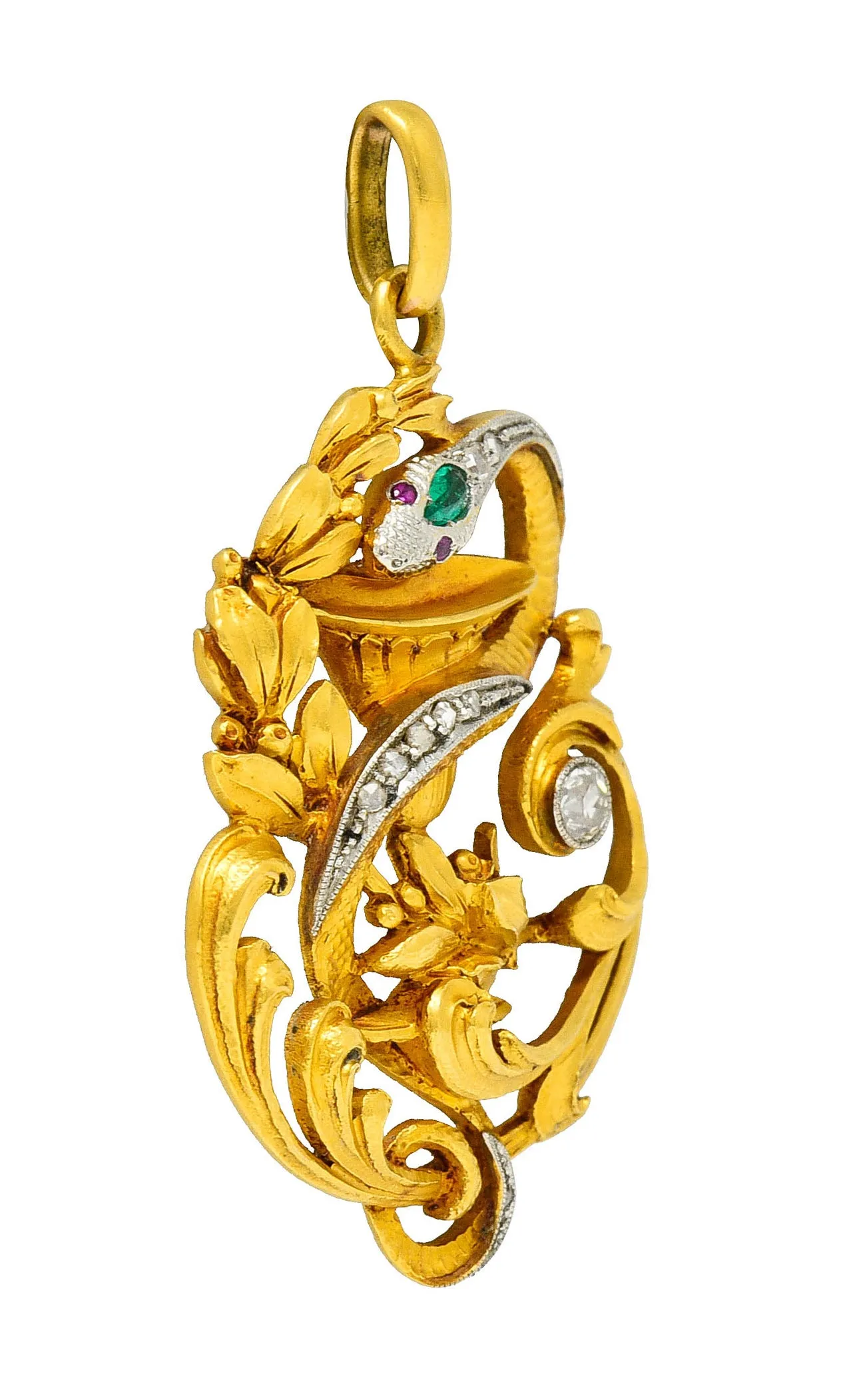 Art Nouveau Emerald Diamond Platinum-Topped 18 Karat Gold Snake Pendant