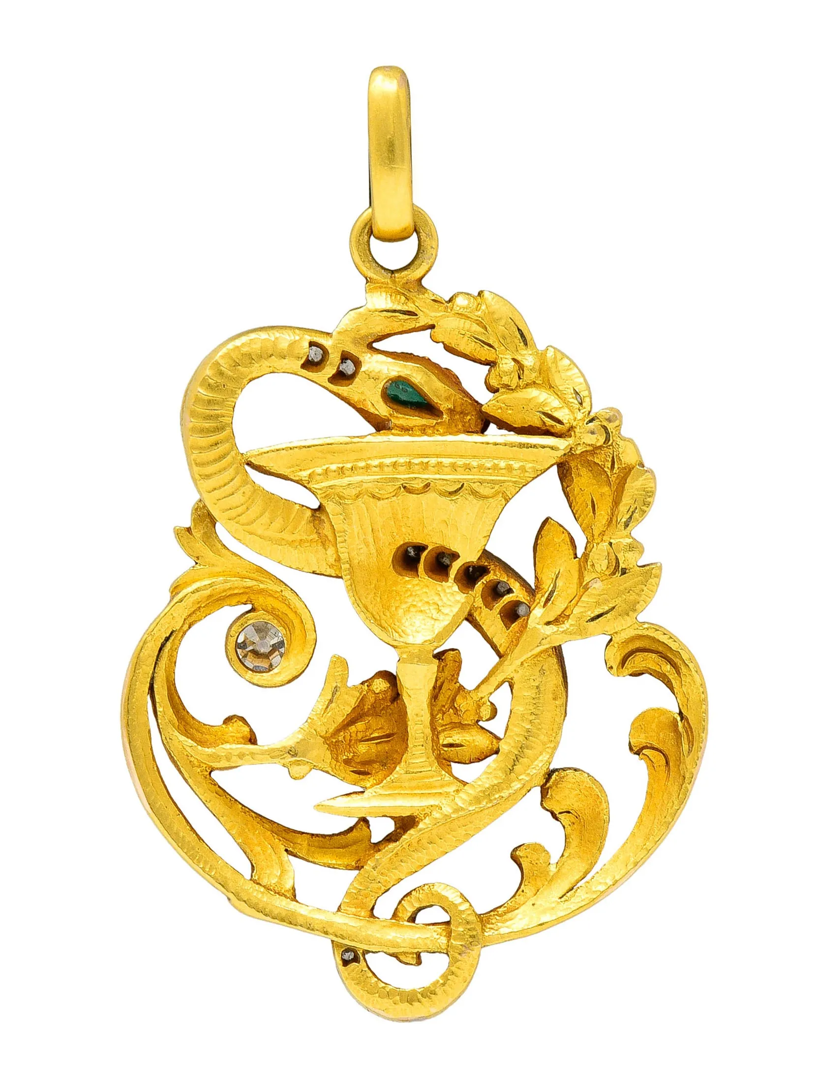 Art Nouveau Emerald Diamond Platinum-Topped 18 Karat Gold Snake Pendant