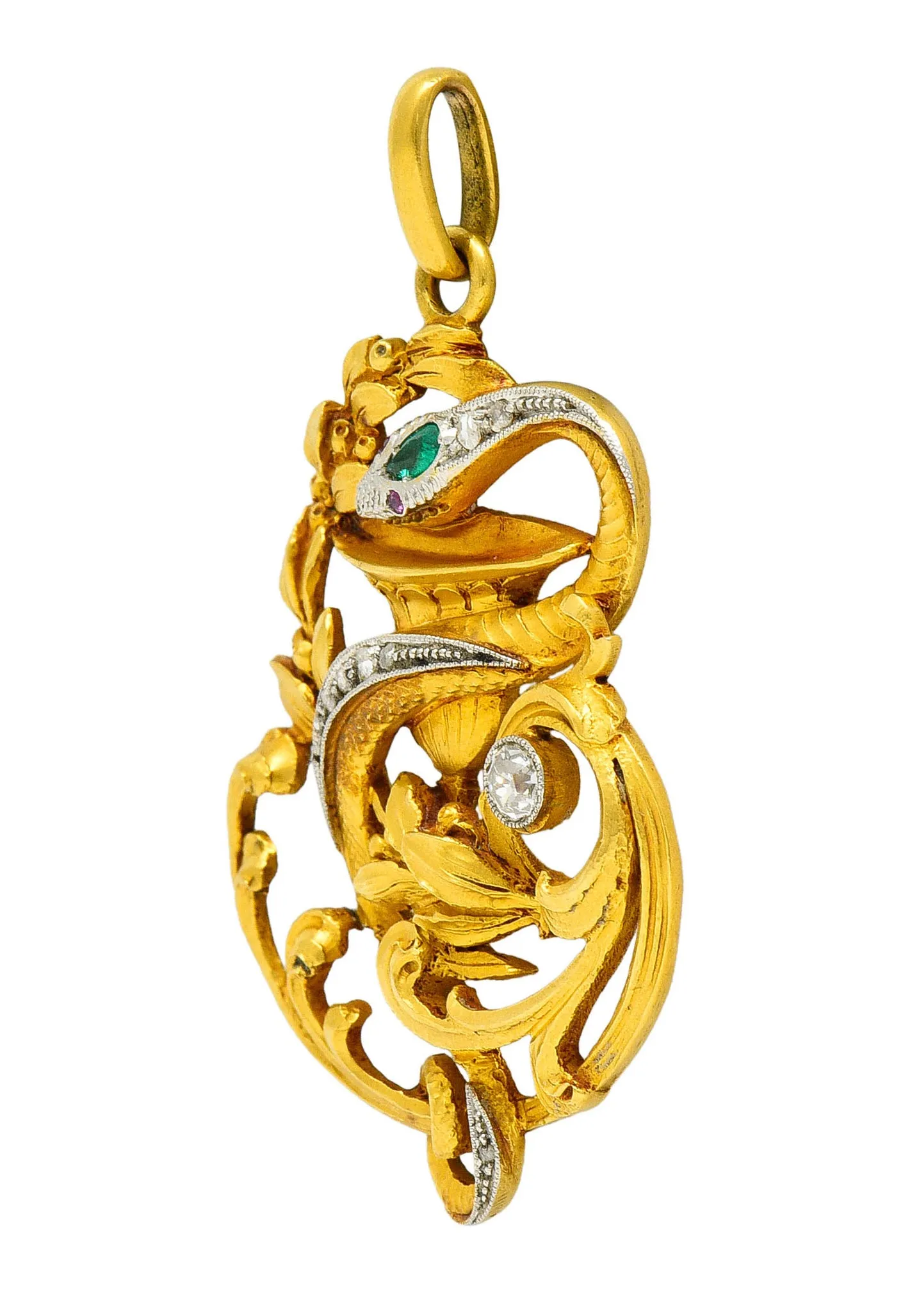 Art Nouveau Emerald Diamond Platinum-Topped 18 Karat Gold Snake Pendant