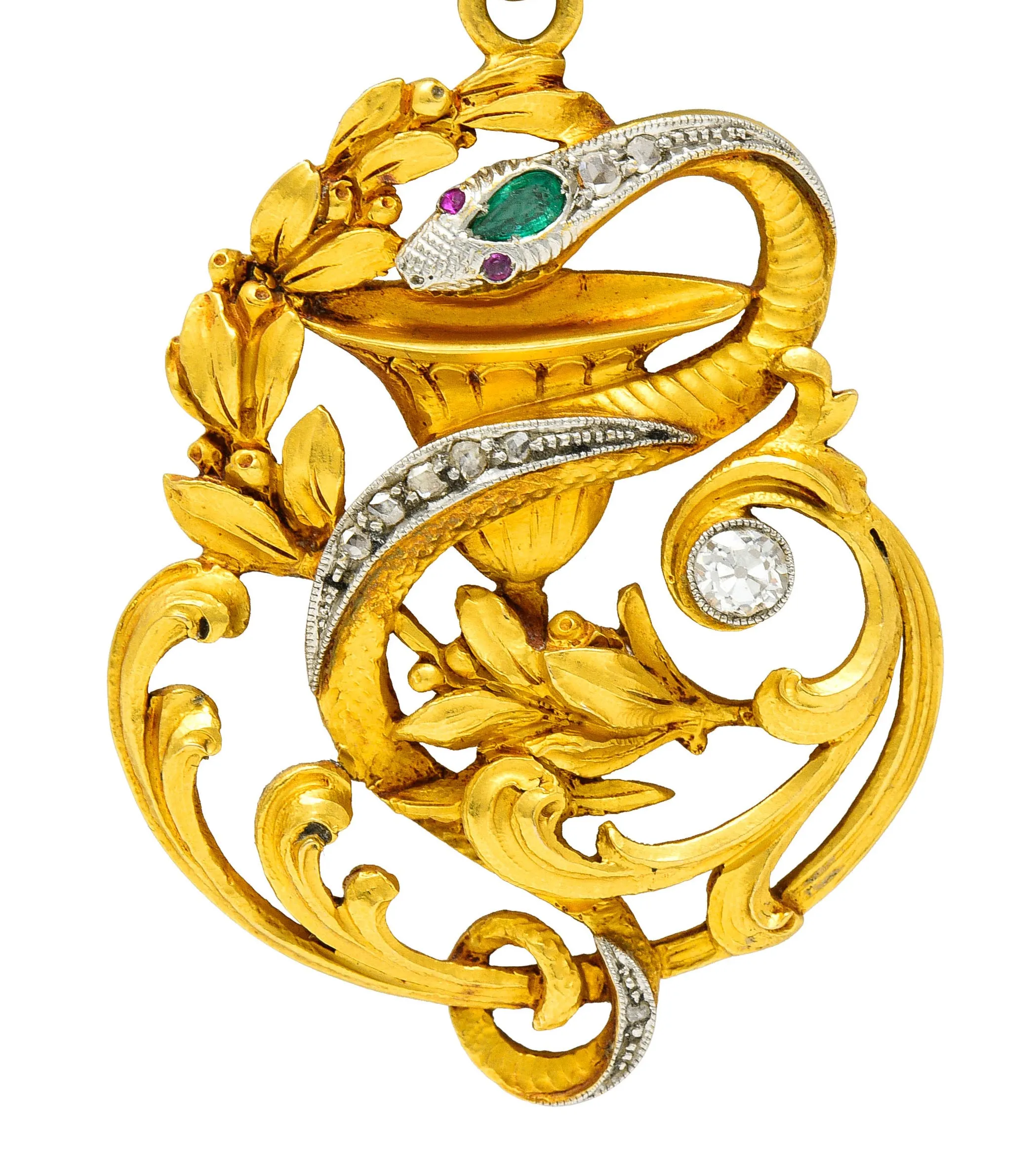 Art Nouveau Emerald Diamond Platinum-Topped 18 Karat Gold Snake Pendant