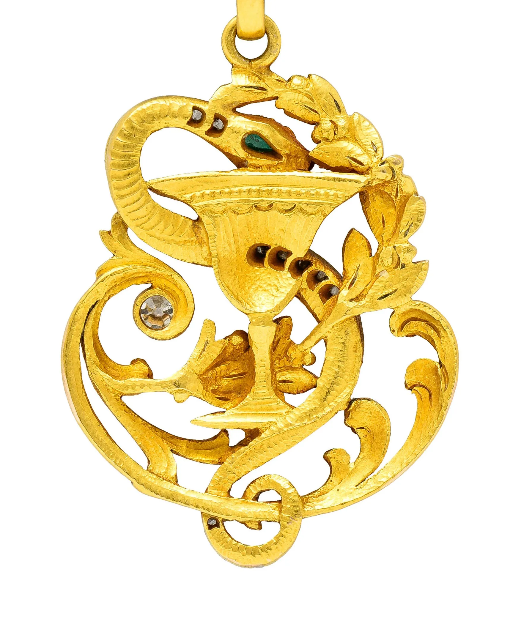 Art Nouveau Emerald Diamond Platinum-Topped 18 Karat Gold Snake Pendant