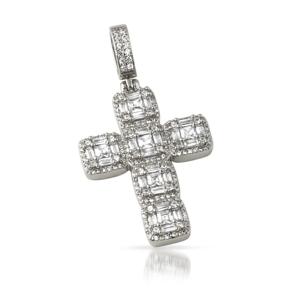 Asscher Cut Cluster CZ Bling Bling Cross in Rhodium