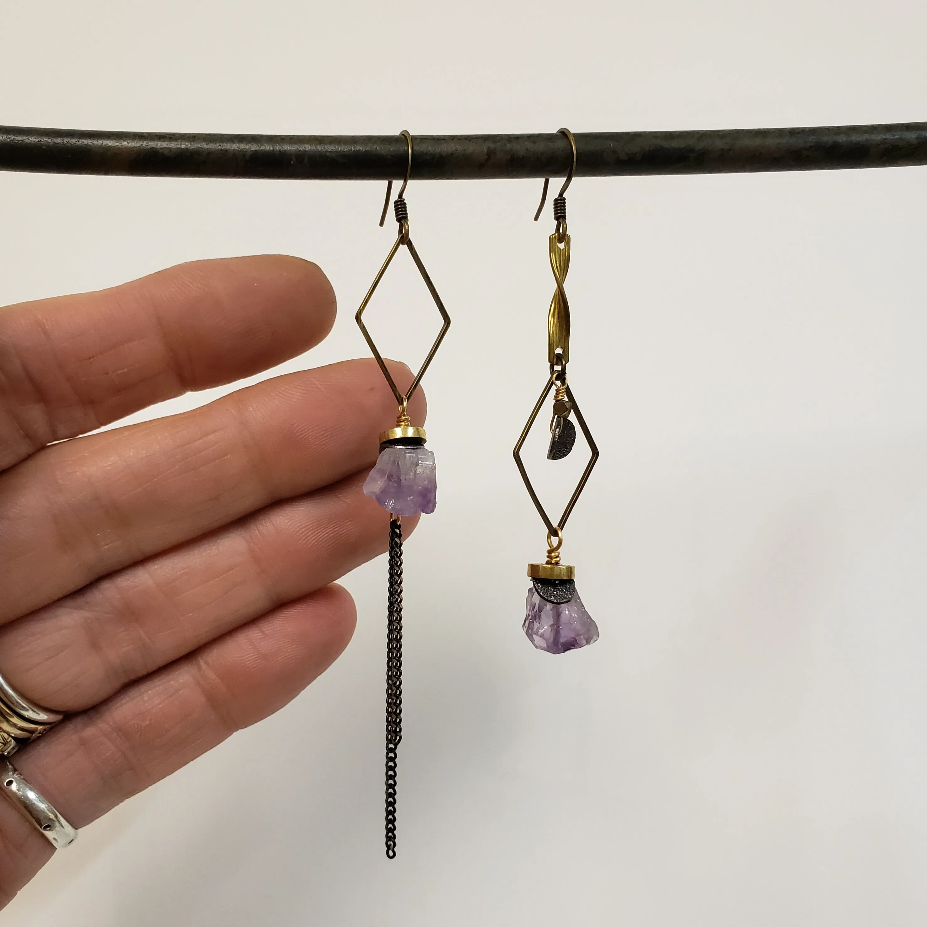 Asymmetric Raw Amethyst Stone Drop Earrings