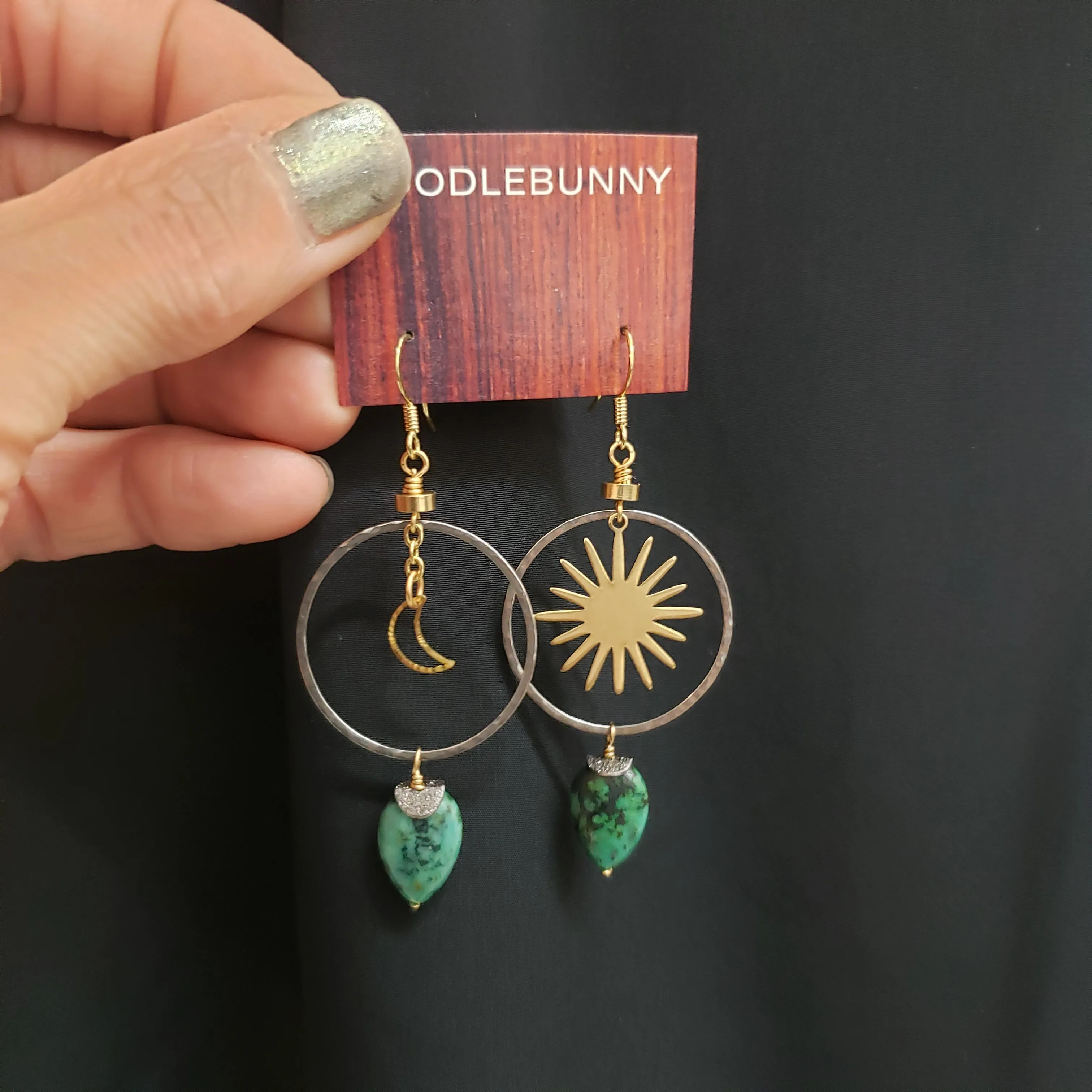 Asymmetric Turquoise Moon and Stars Hoop Earrings