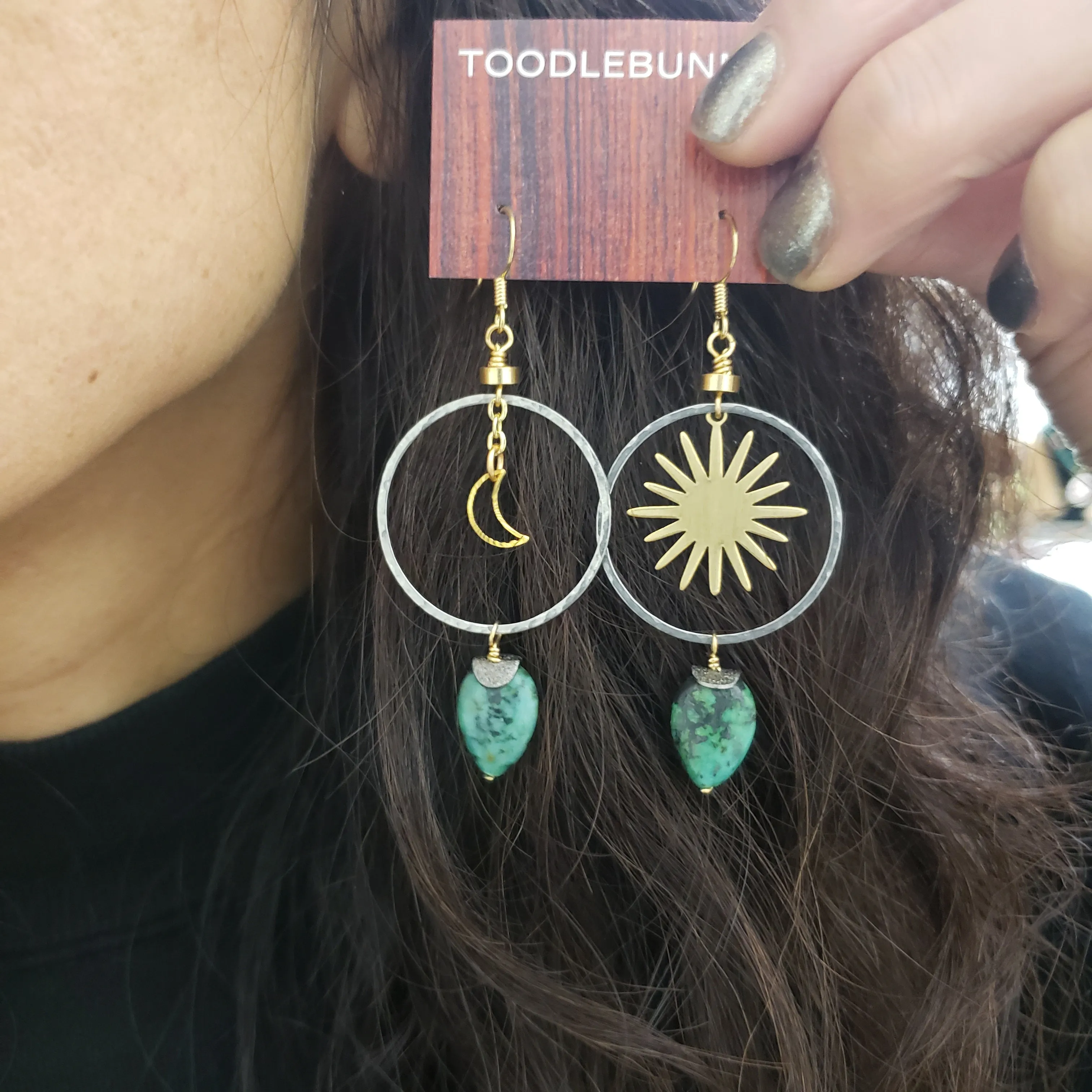 Asymmetric Turquoise Moon and Stars Hoop Earrings