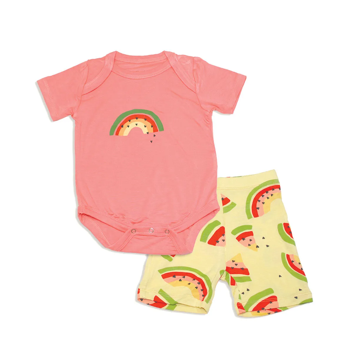 Bamboo Short Sleeve Onesie & Short Set (Pink Lemonade/Watermelon Rainbow Prt)