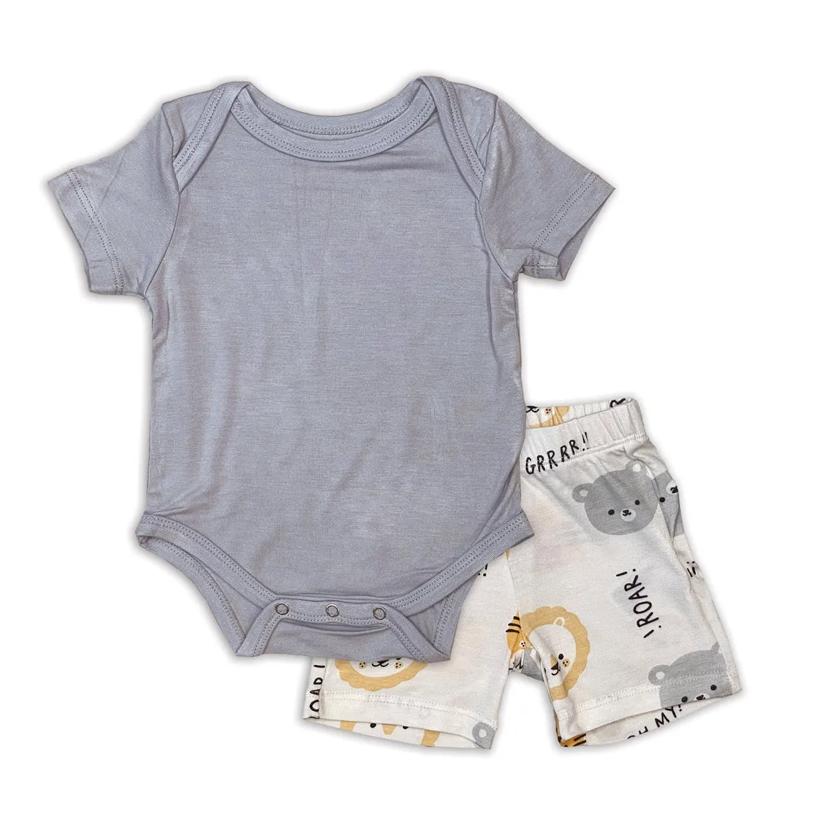 Bamboo Short Sleeve Onesie & Short Set (Shadow/Lion Tiger Bears Prt)