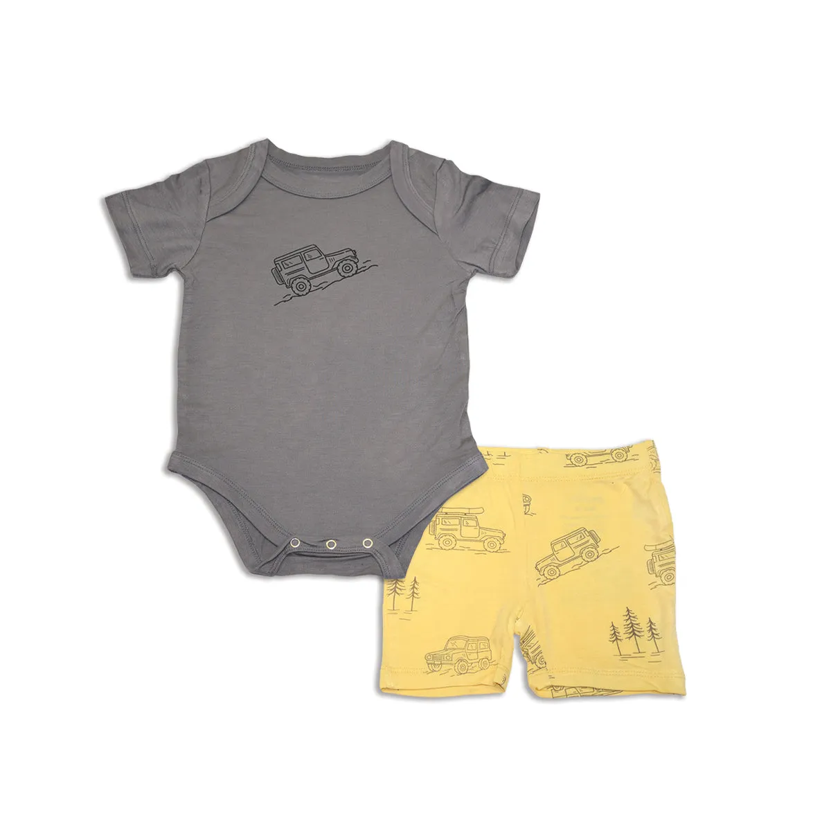 Bamboo Short Sleeve Onesie & Short Set (Stormy/Off Road Prt)