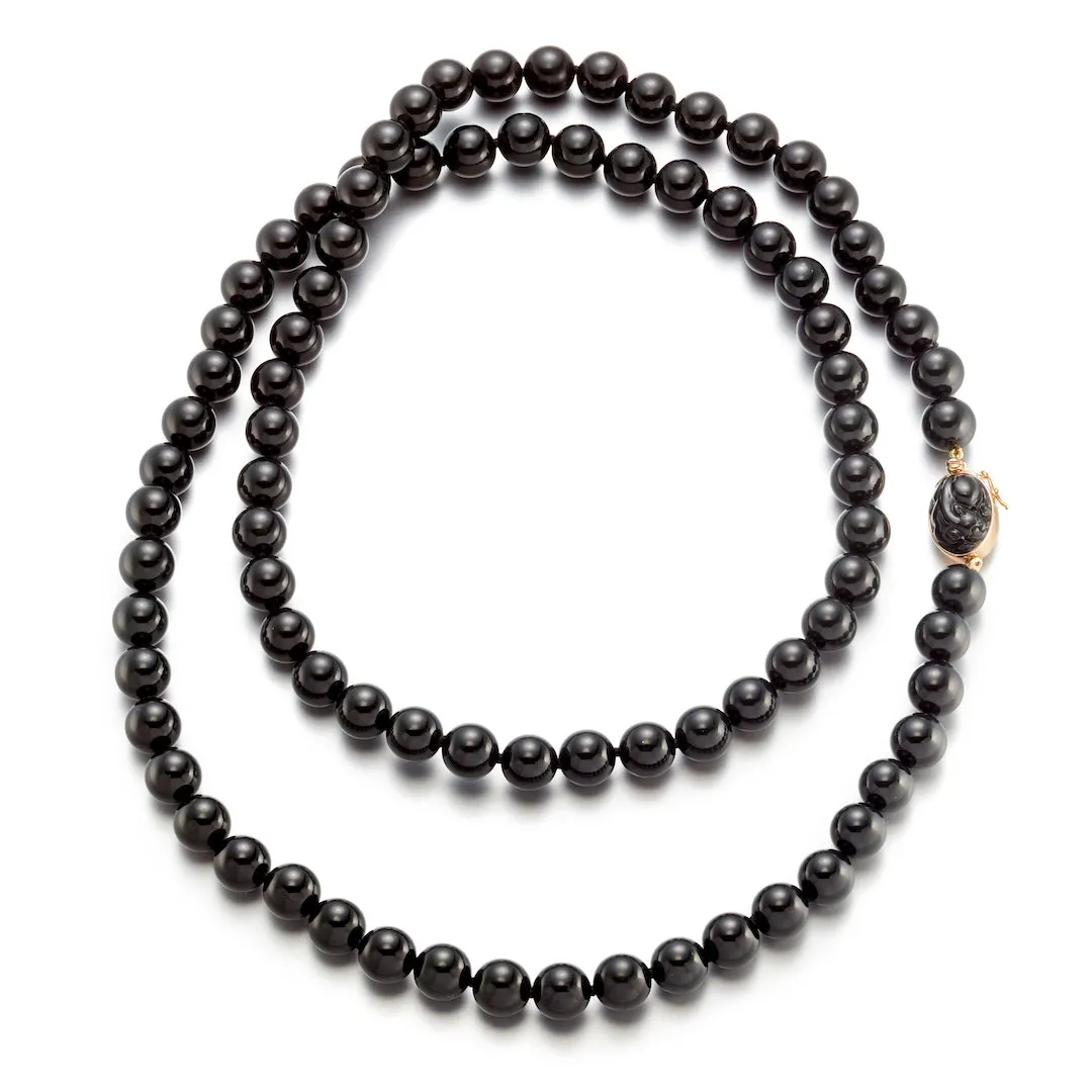 Black Jade Long Necklace with Carved Pixiu Clasp