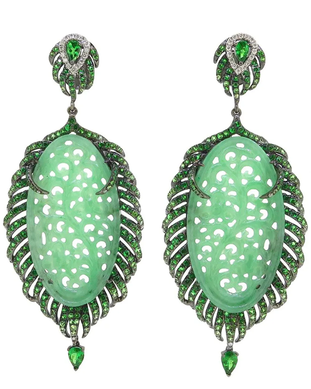 Carved Jade and Tsavorite Earrings