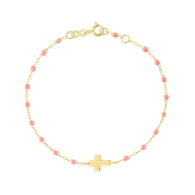 Child Cross Charm Classic Gigi Fuchsia bracelet, Yellow Gold, 5.9