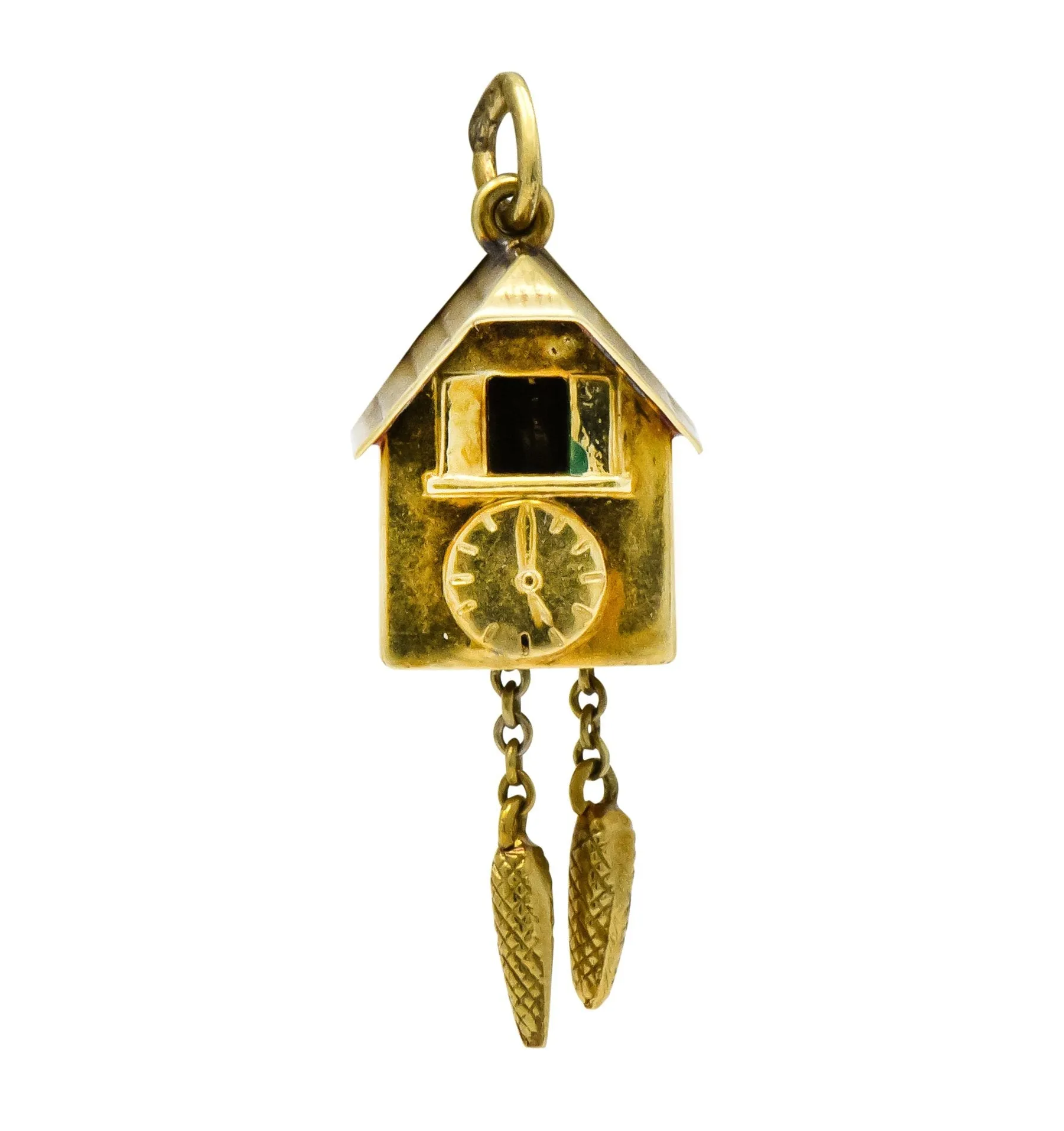 Circa 1905 Antique Enamel 14 Karat Gold German Cuckoo Clock Charm