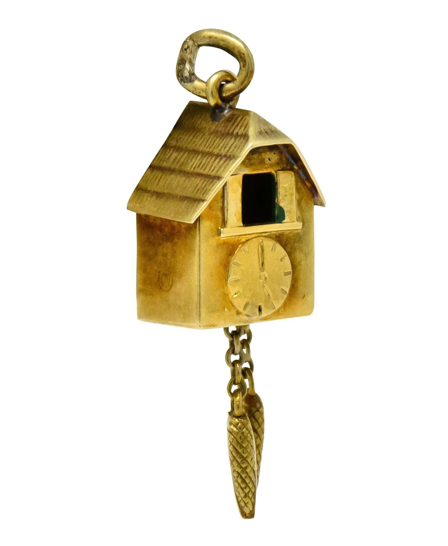 Circa 1905 Antique Enamel 14 Karat Gold German Cuckoo Clock Charm