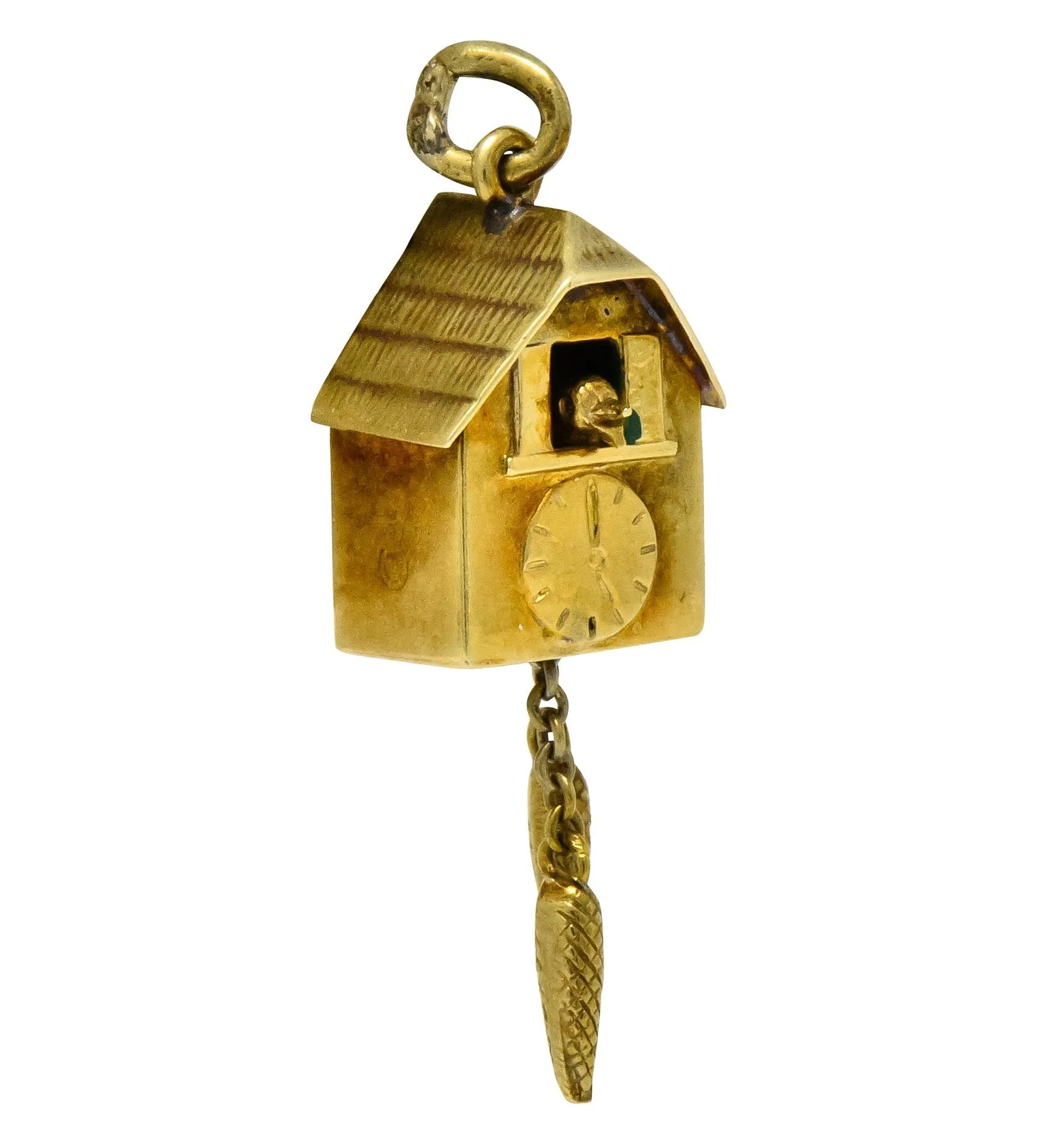 Circa 1905 Antique Enamel 14 Karat Gold German Cuckoo Clock Charm