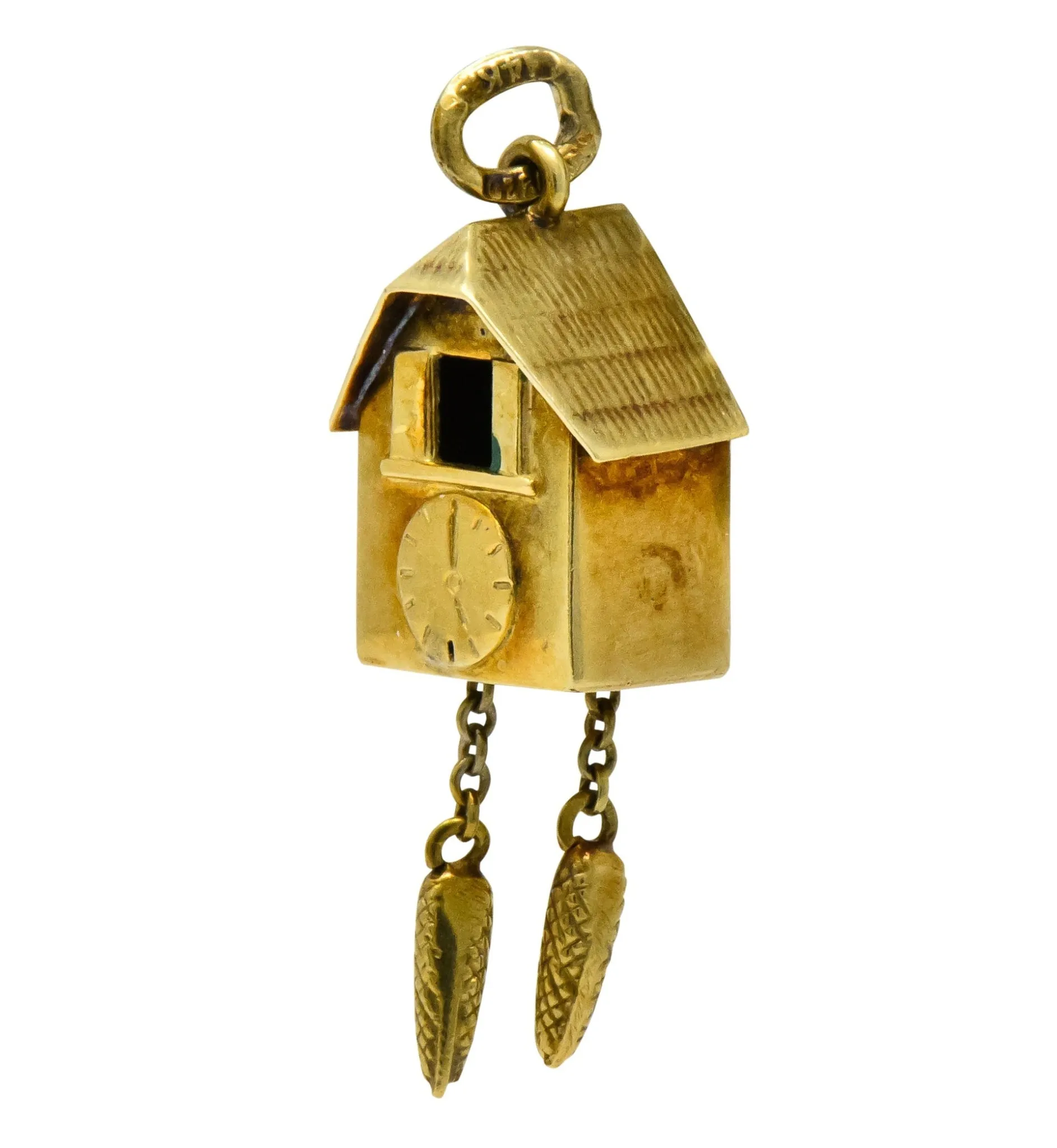 Circa 1905 Antique Enamel 14 Karat Gold German Cuckoo Clock Charm