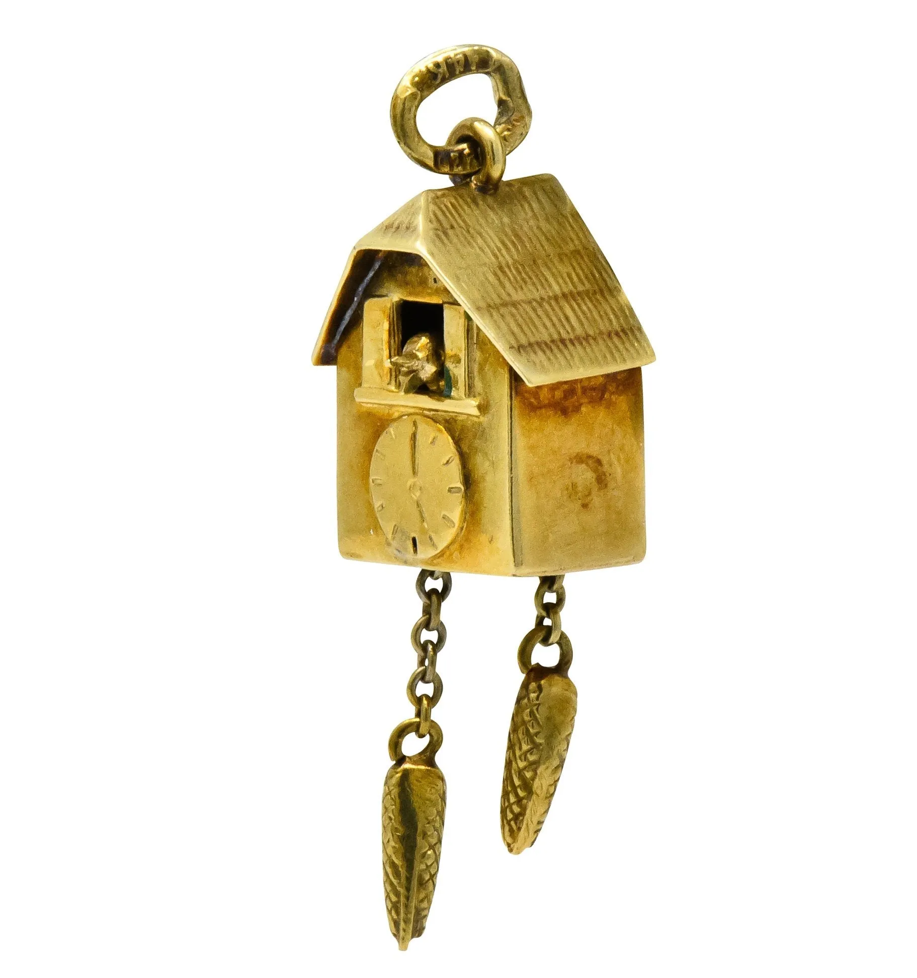 Circa 1905 Antique Enamel 14 Karat Gold German Cuckoo Clock Charm